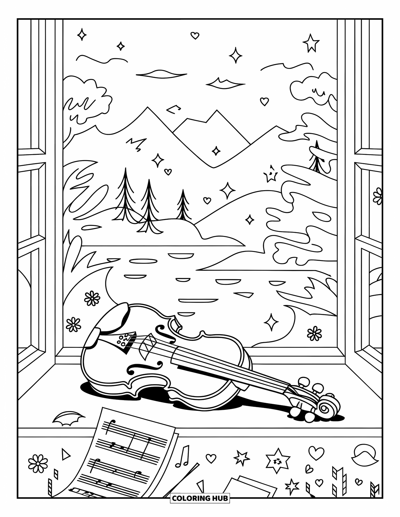 Sad Coloring Page for Adults: A violin on a cracked windowsill with fluttering sheet music and scattered stars and flowers