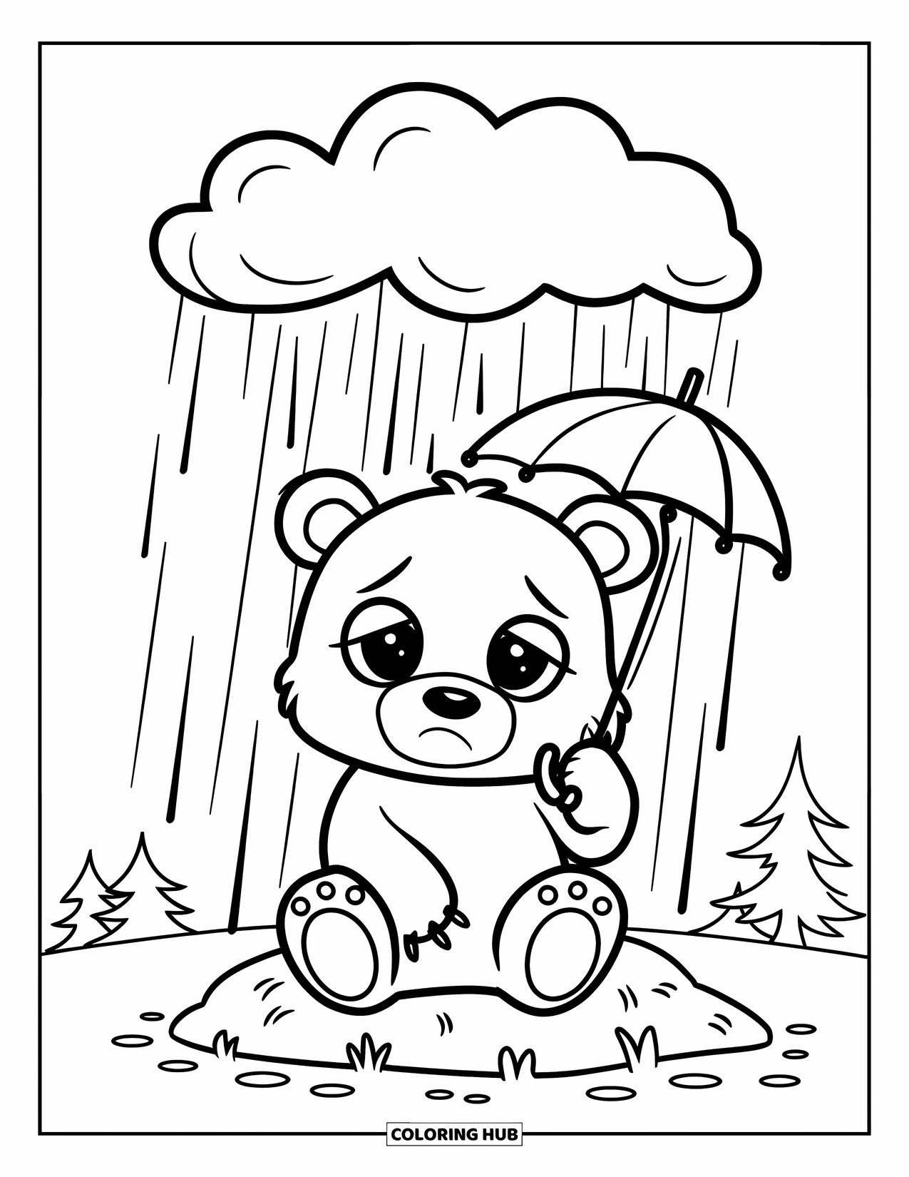 Sad Coloring Page for Kids: A cute sad bear sits under a rainy cloud holding a tiny umbrella on a rock