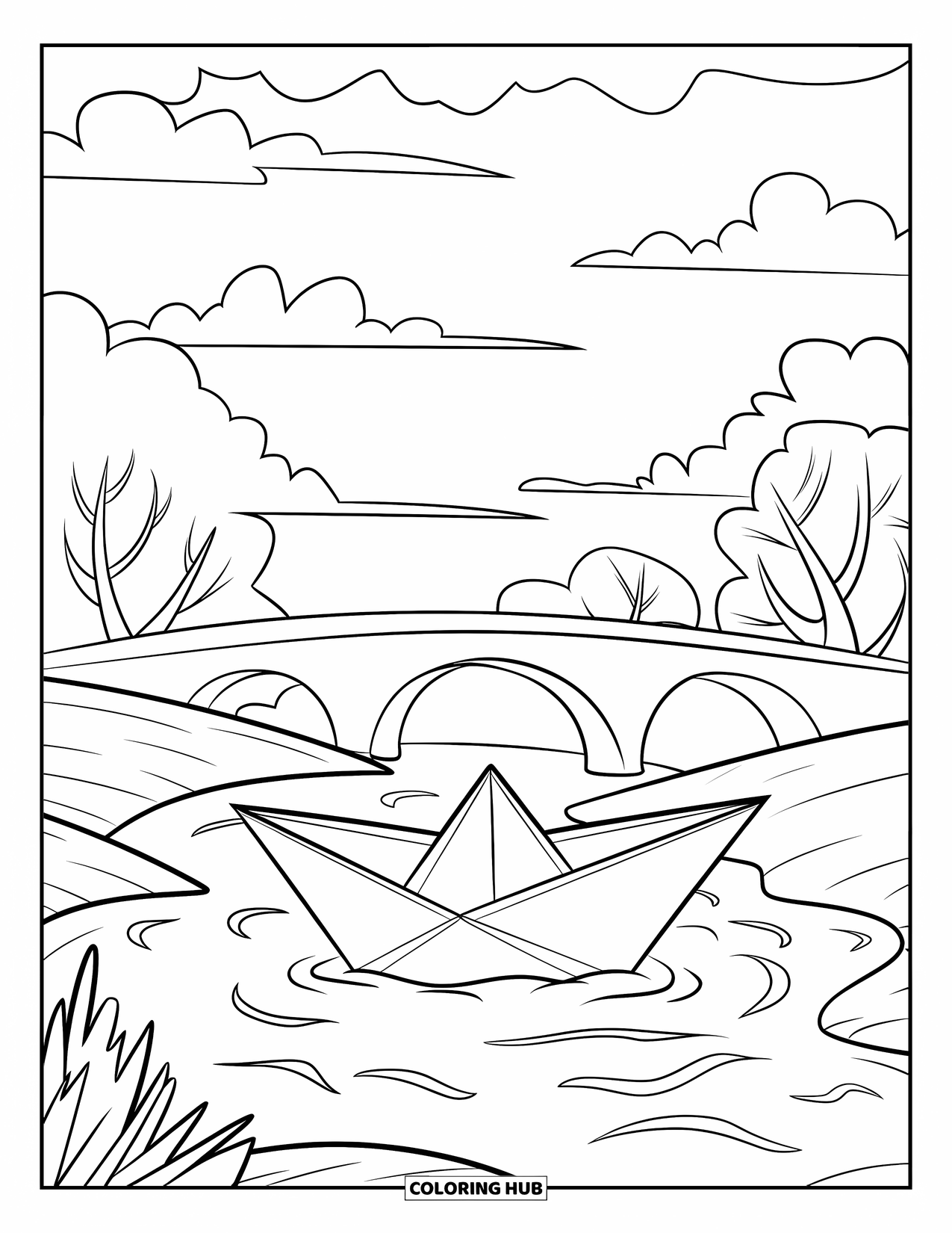 Sad Coloring Page for Kids: A paper boat drifts down a stream under cloudy skies near a bridge and bare trees