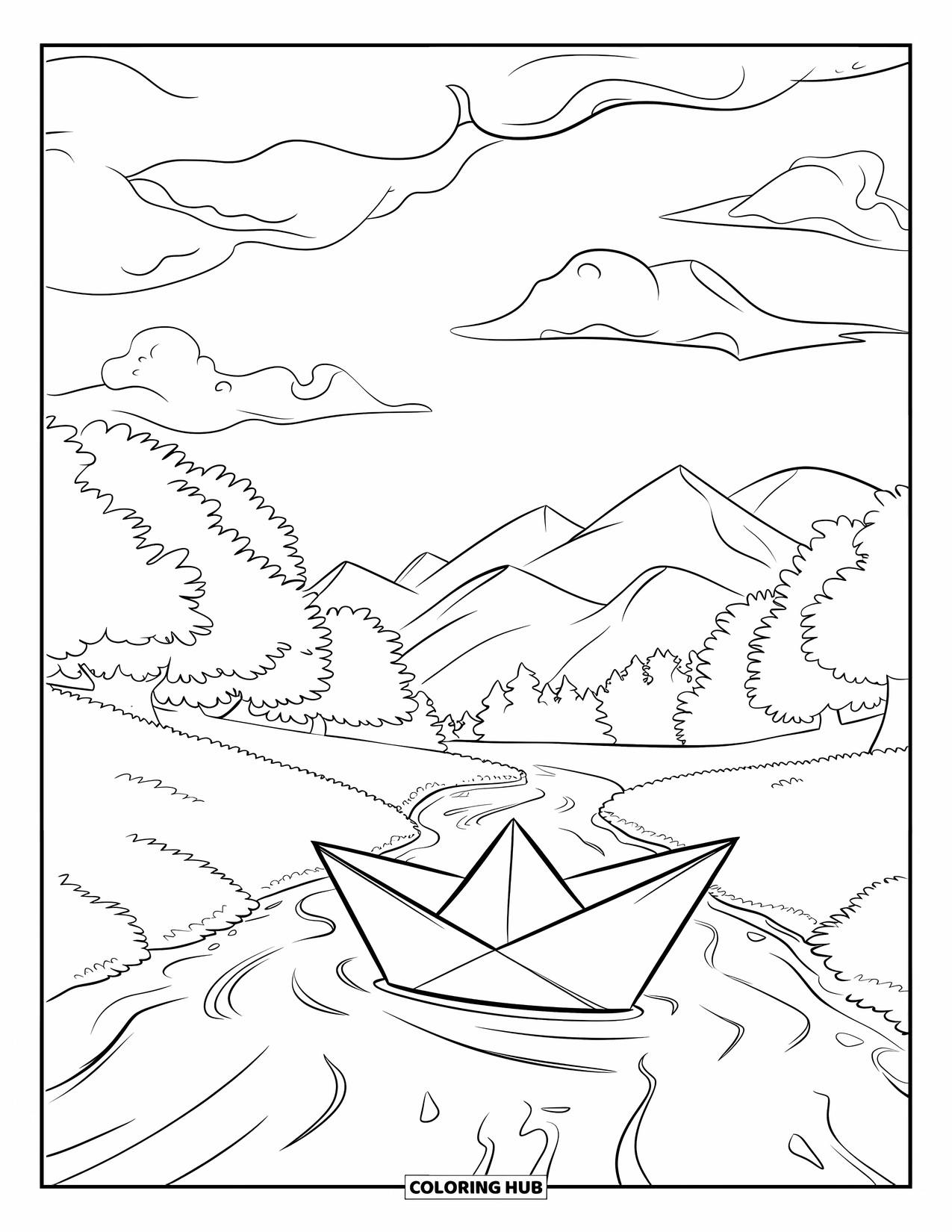 Sad Coloring Page for Kids: A paper boat floats down a winding stream under dark clouds through a forest and hills