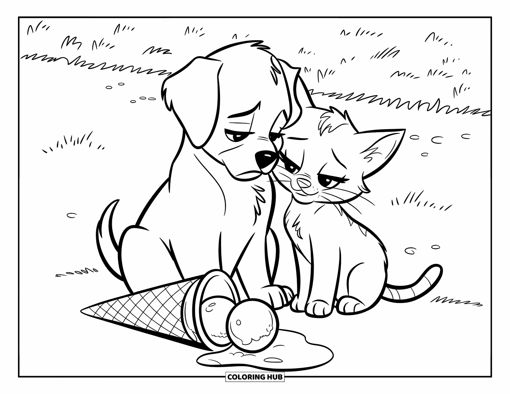 Sad Coloring Page for Kids: A puppy and kitten sit close together near a fallen ice cream cone on the grass