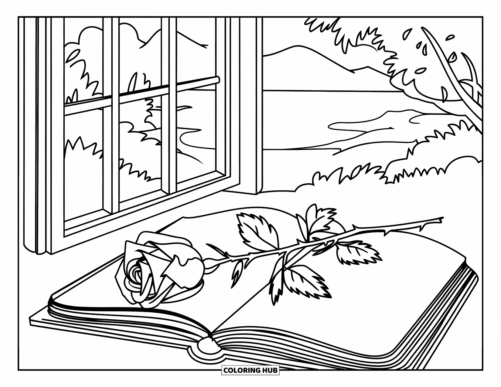 Sad Coloring Page for Kids: A rose with a thorny stem rests on an open book near a window with hills and water