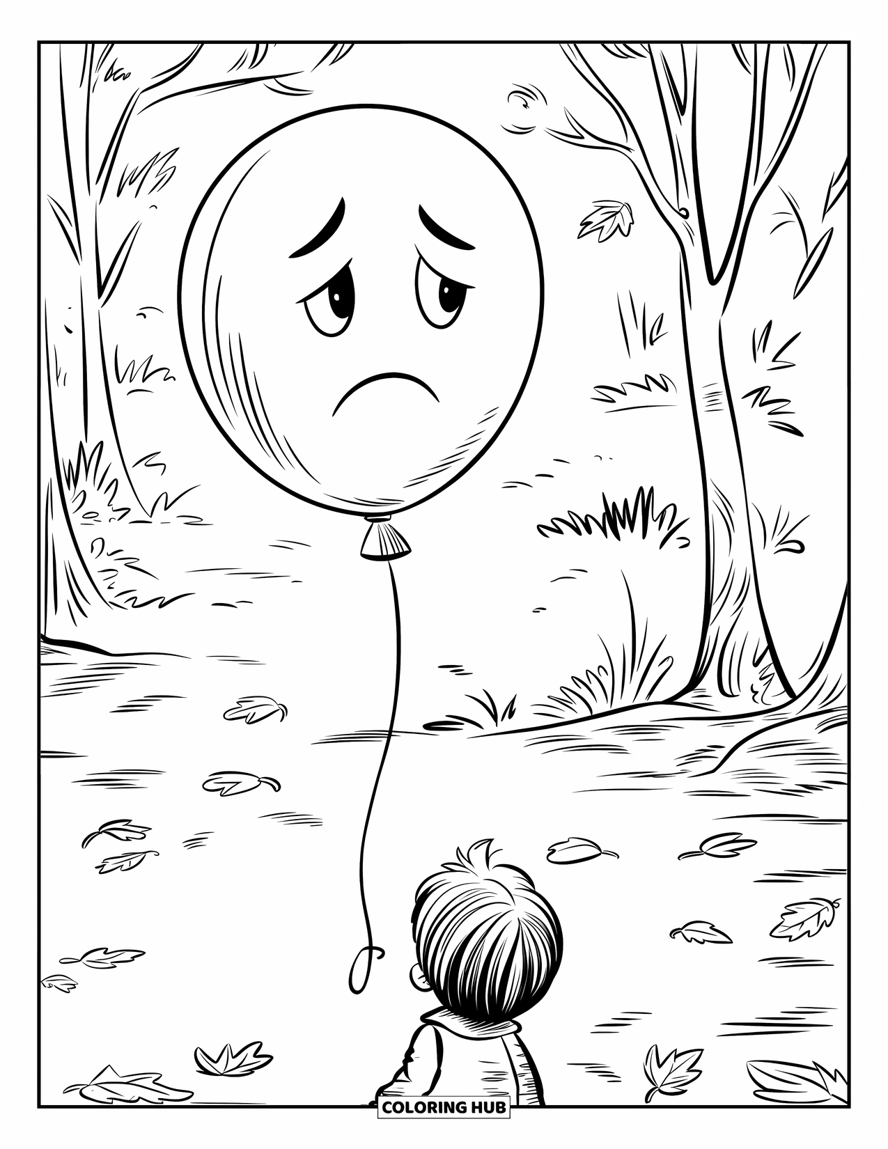 Sad Coloring Page for Kids: A sad balloon floats up from a stick while a sad child stands near fallen leaves and trees