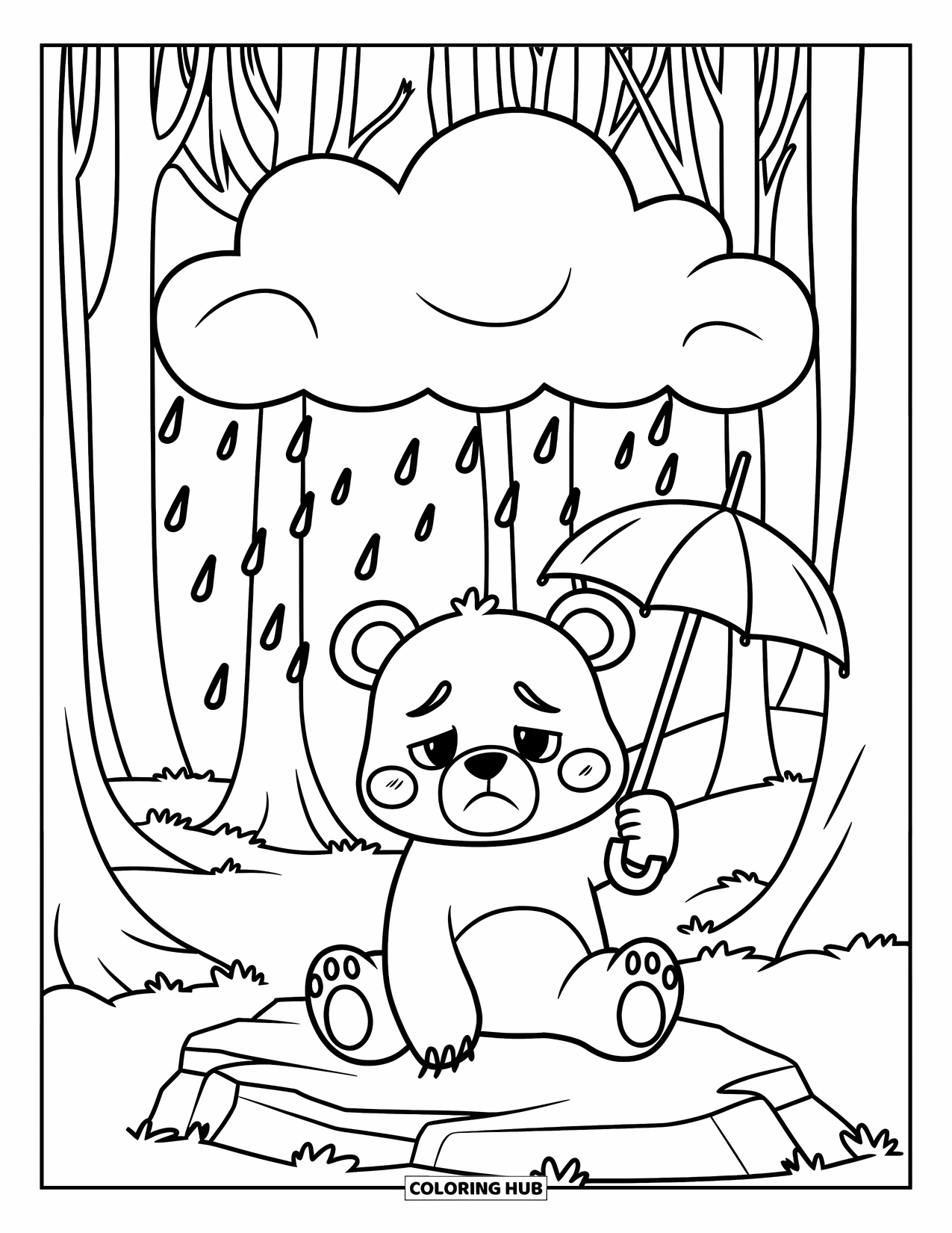 Sad Coloring Page for Kids: A sad bear with an umbrella sits under rain on a rock surrounded by tall forest trees
