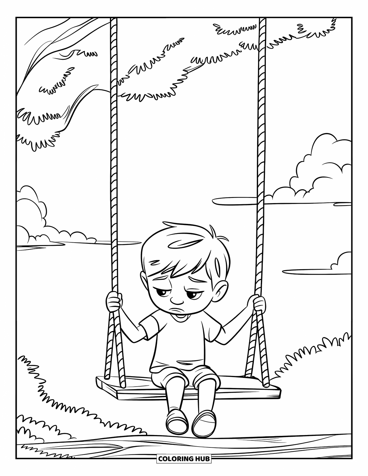Sad Coloring Page for Kids: A sad boy on a swing gazes at the clouds under a tree in a calm landscape