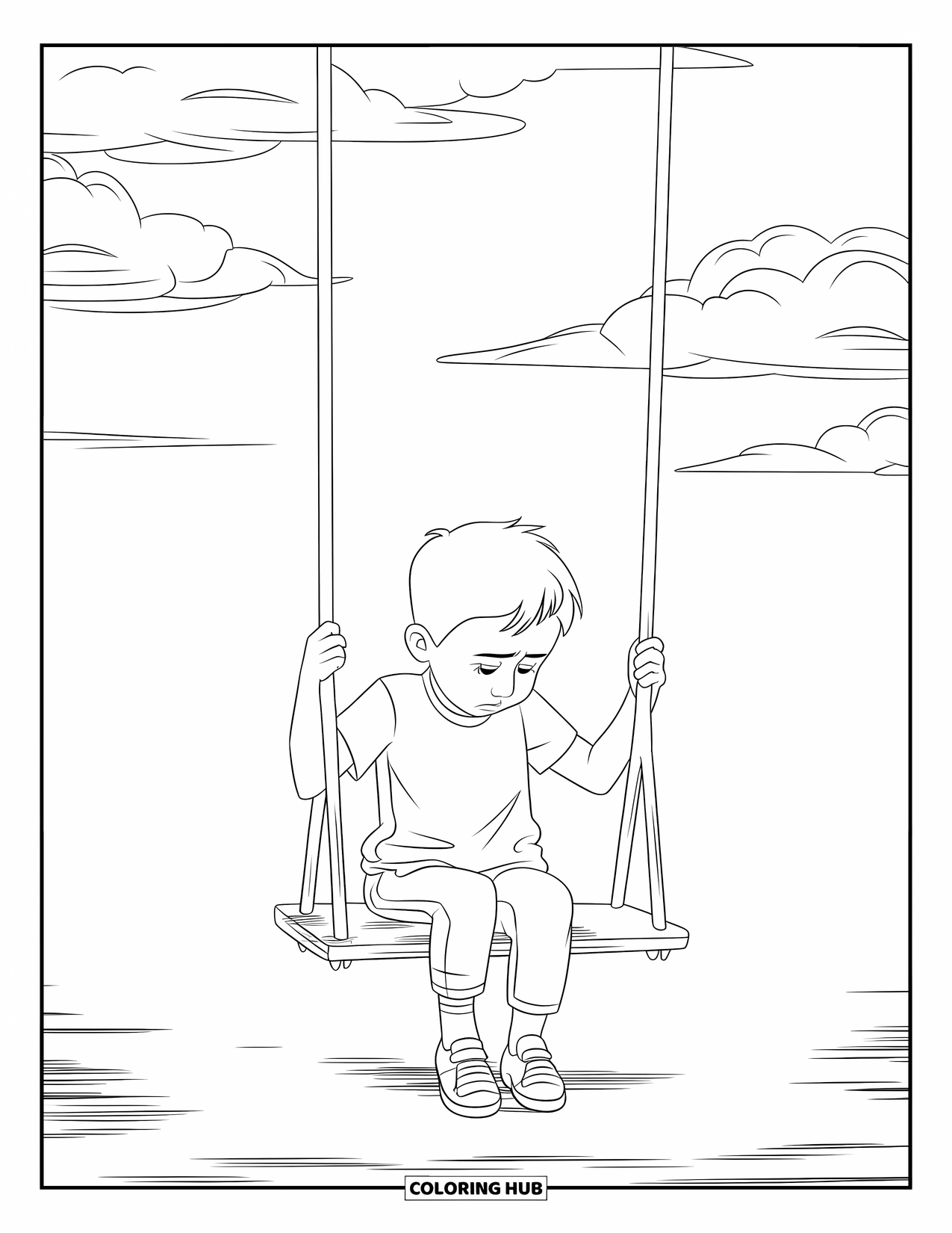 Sad Coloring Page for Kids: A sad boy sits on a swing looking at clouds in a quiet open sky