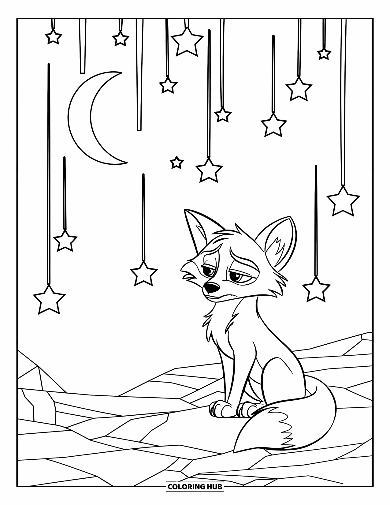 Sad Coloring Page for Kids: A sad fox sits on rocky ground gazing at the crescent moon with falling stars