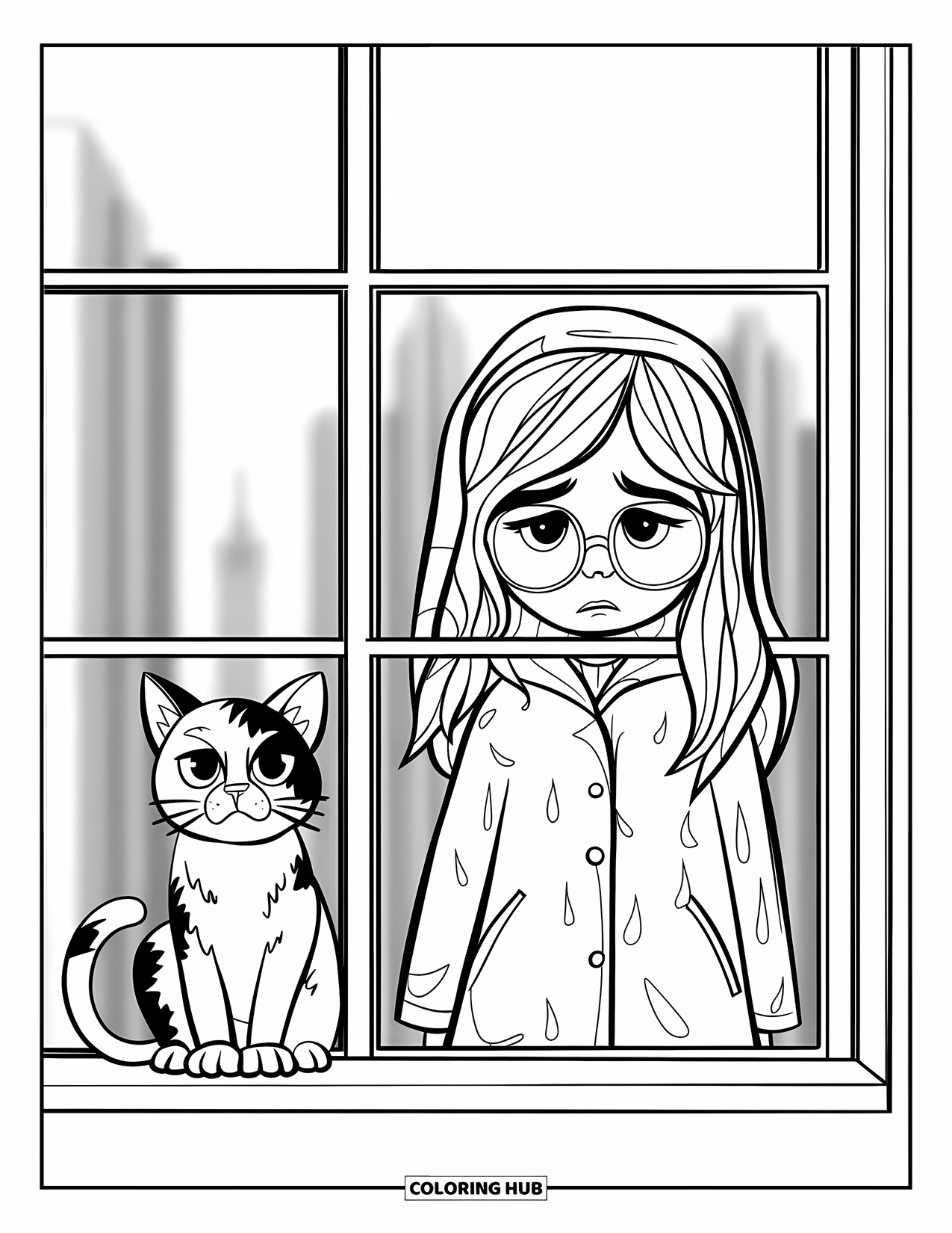 Sad Coloring Page for Kids: A sad girl in glasses and raincoat stands by a window with her cat in the city