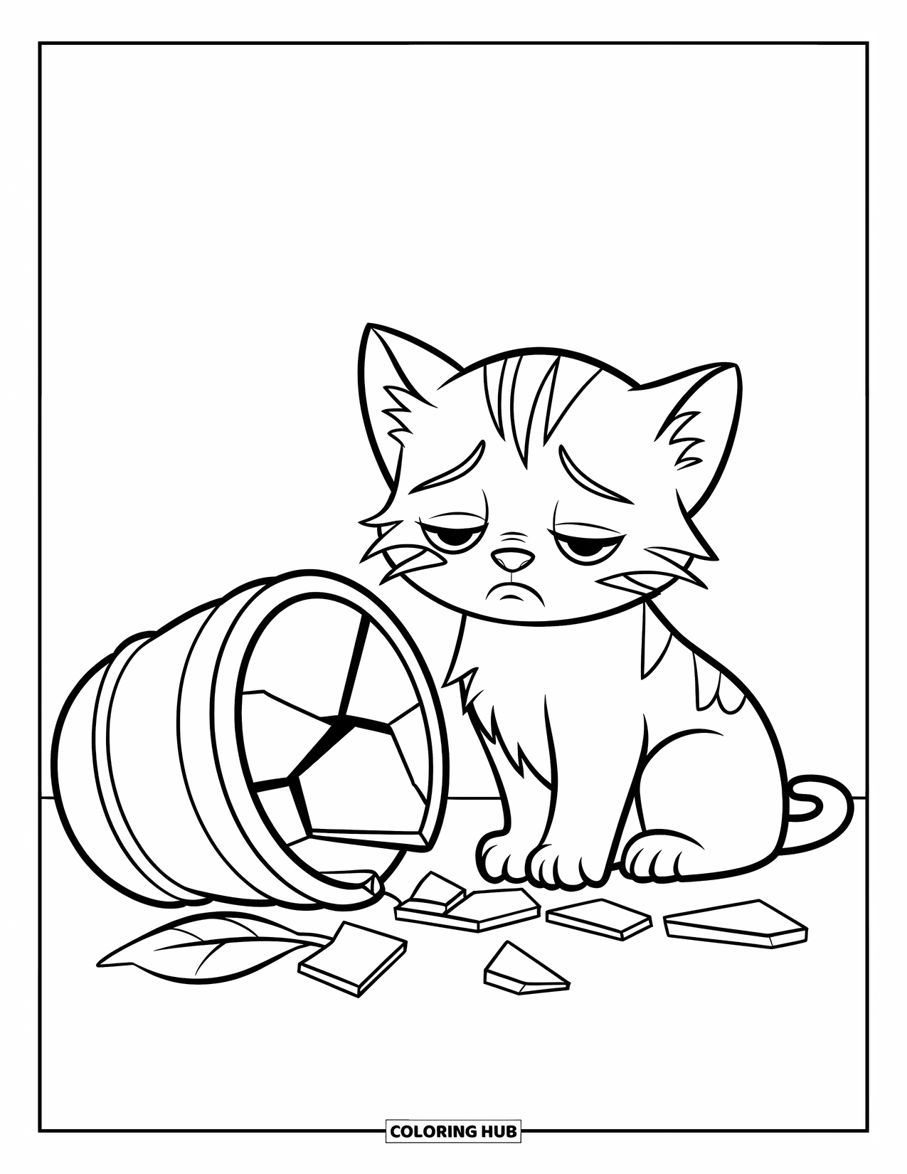 Sad Coloring Page for Kids: A sad kitten sits beside a cracked flowerpot with broken pieces around it