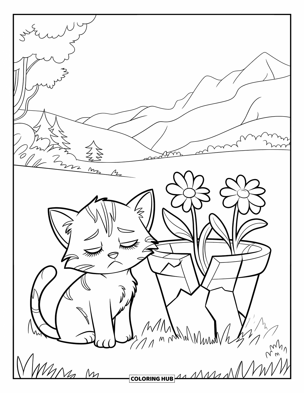 Sad Coloring Page for Kids: A sad kitten with closed eyes sits on grass beside a cracked flowerpot and flowers