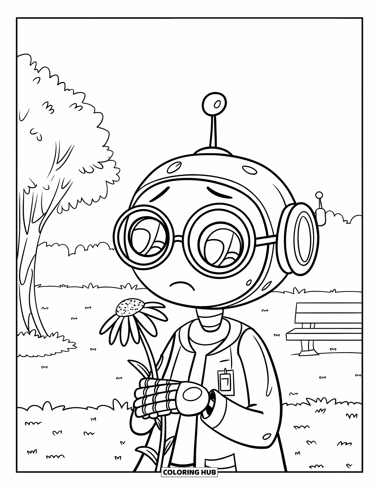 Sad Coloring Page for Kids: A sad robot wearing a lab coat and glasses holds a wilted flower in a grassy park
