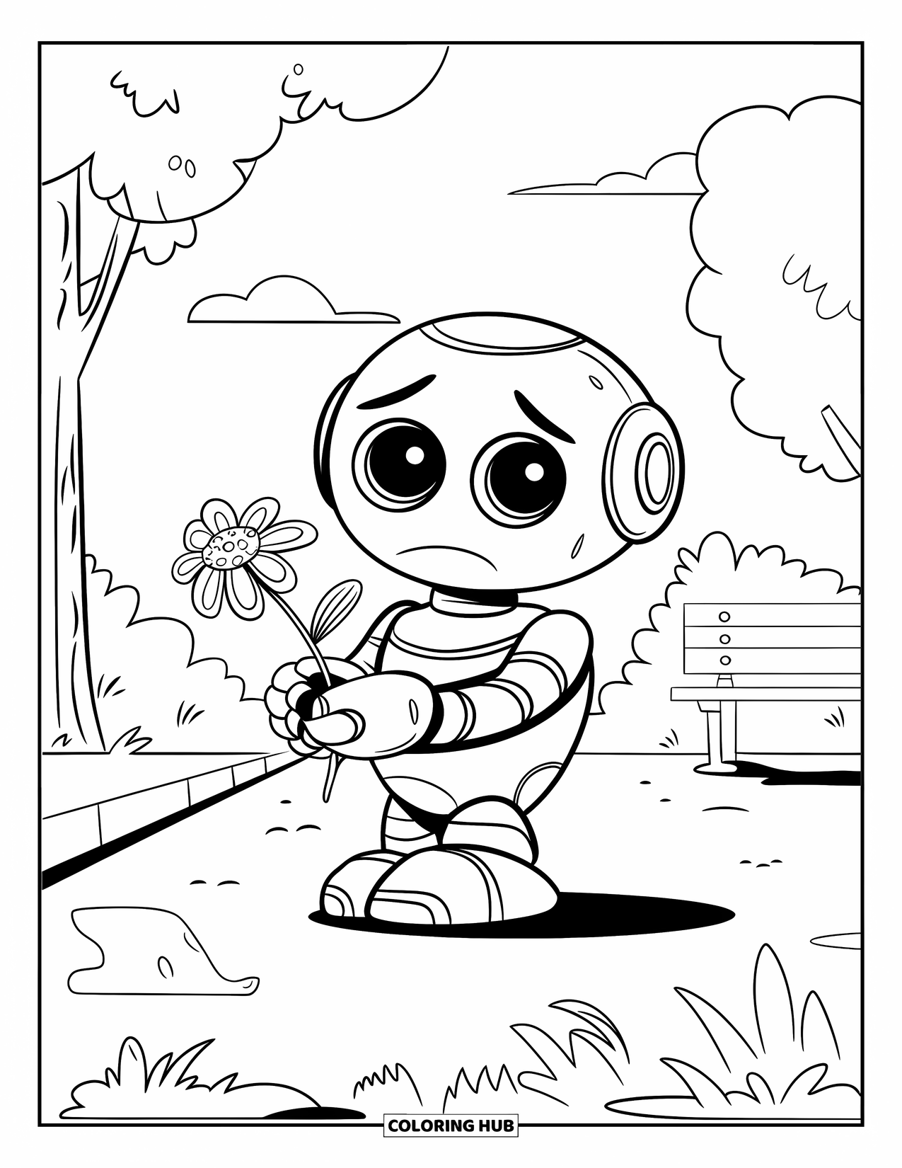 Sad Coloring Page for Kids: A sad robot with big eyes holds a wilted flower in a park with trees and a bench