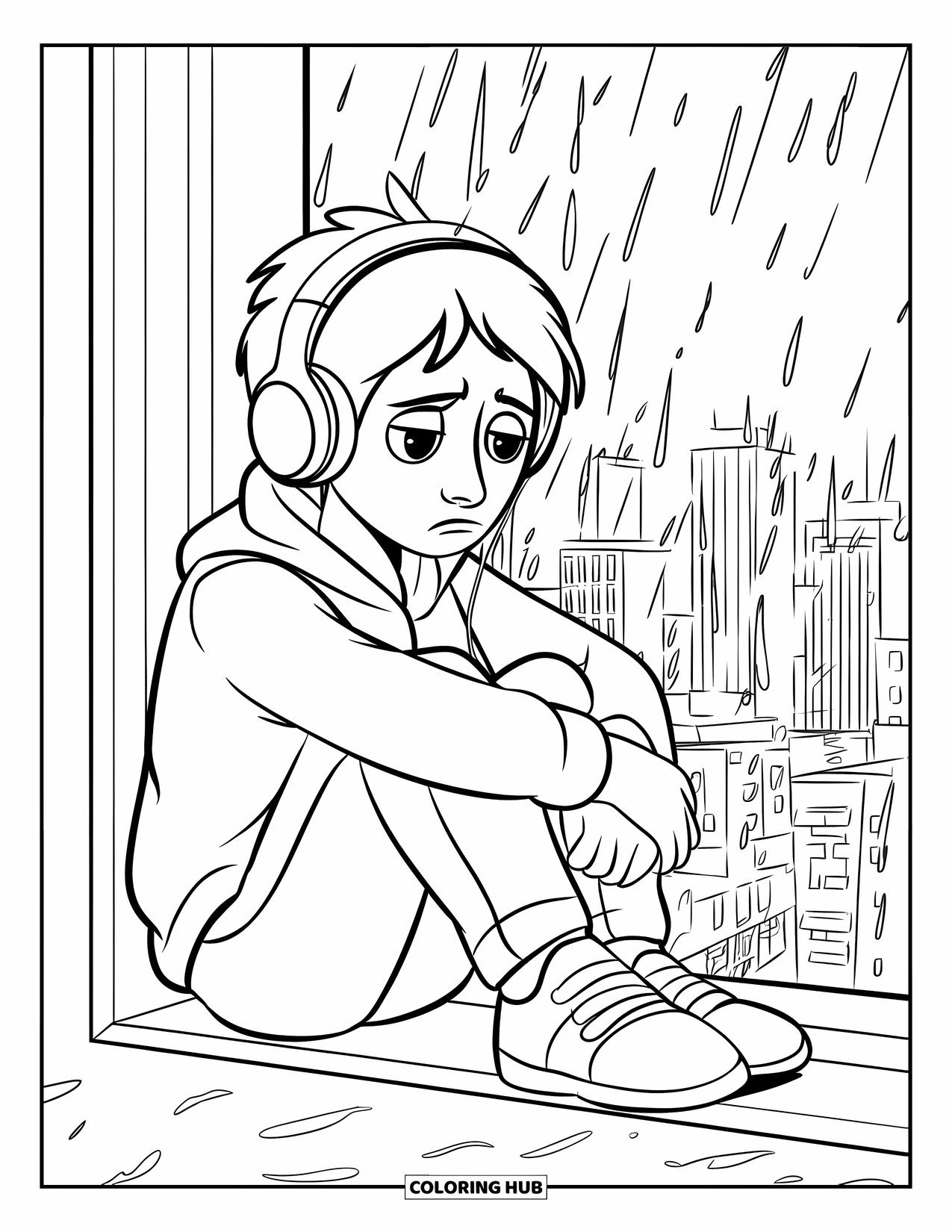 Sad Coloring Page for Kids: A sad teenager with headphones sits by a rainy window overlooking a city skyline