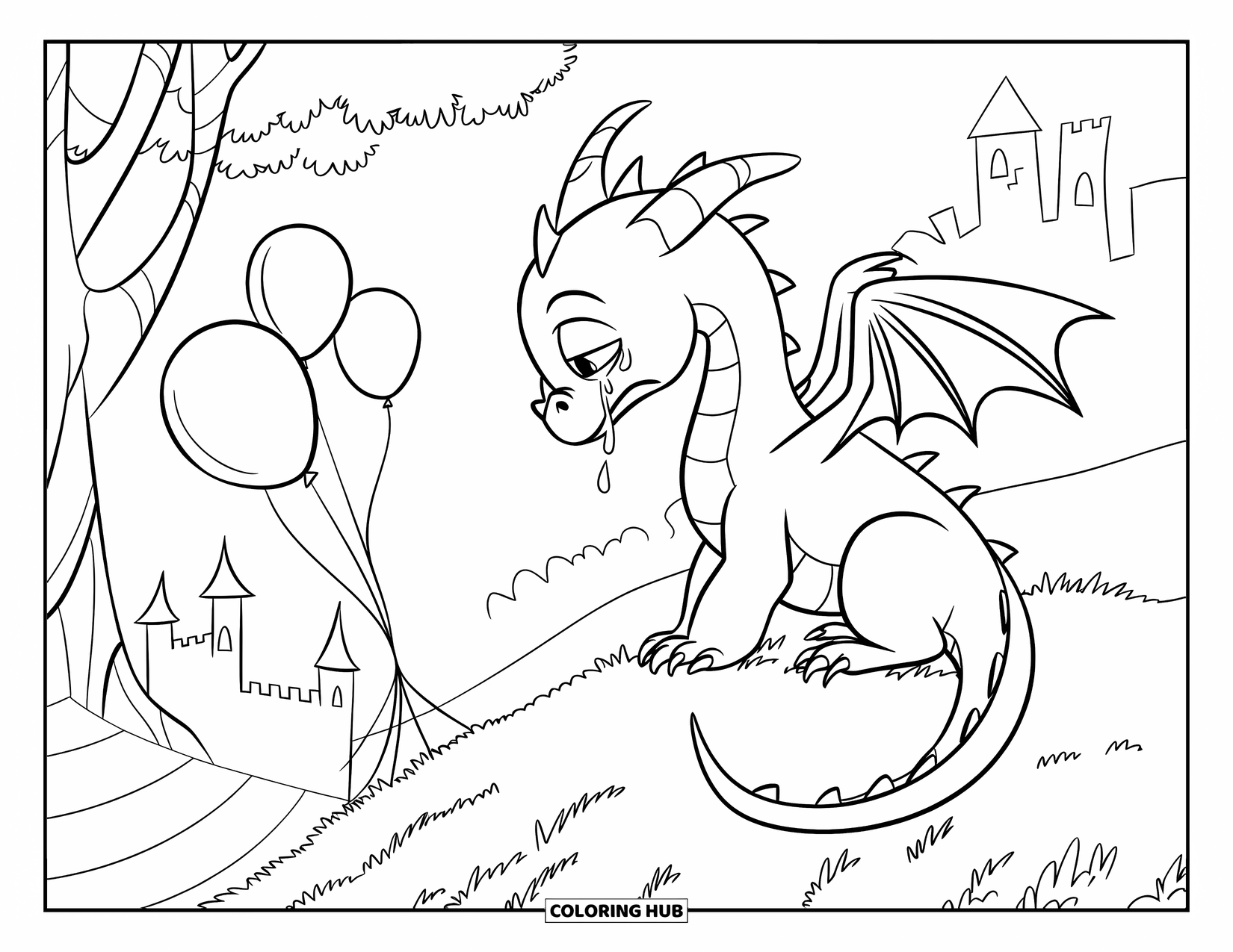 Sad Coloring Page for Kids: A tearful dragon sits on a hill watching balloons drift away beside a castle and trees