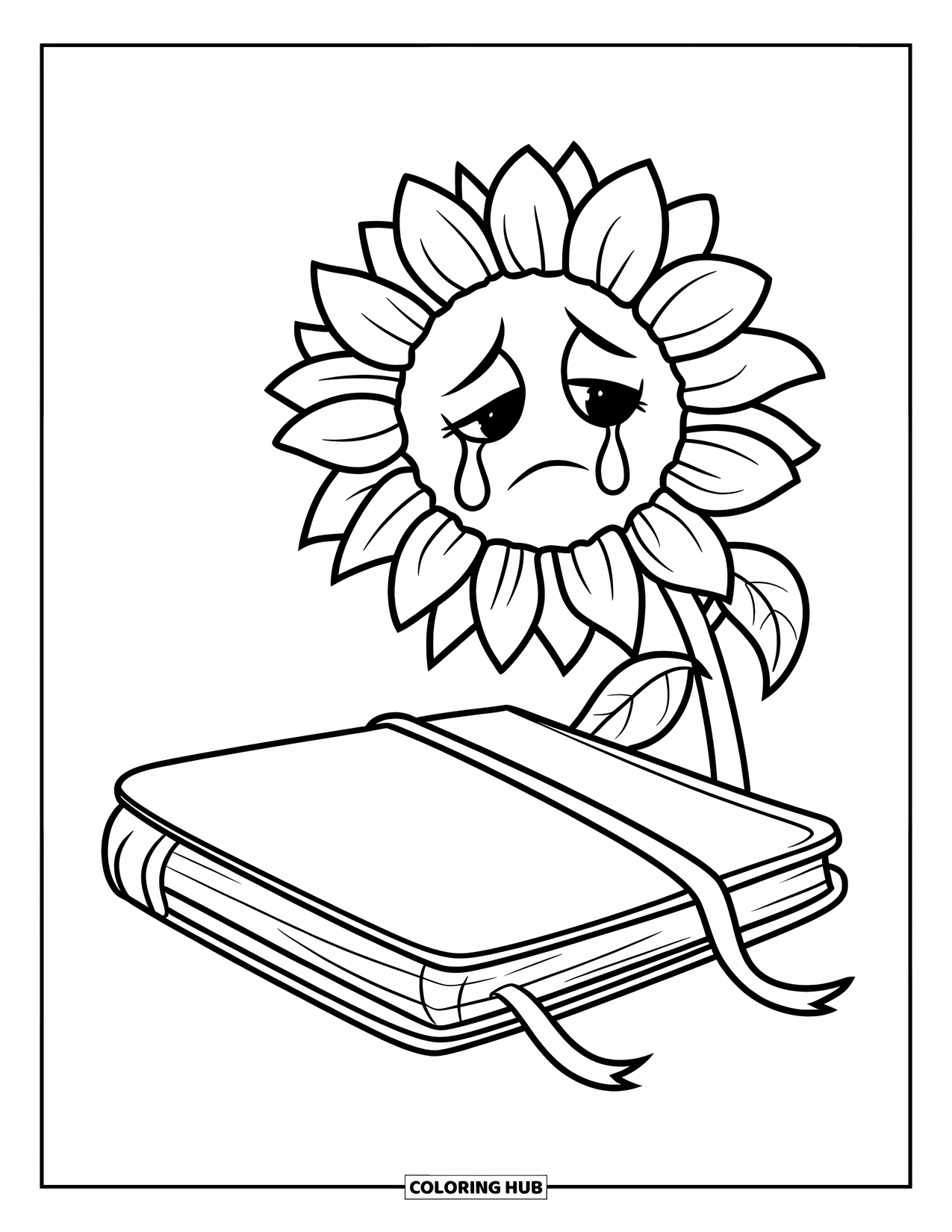 Sad Coloring Page for Kids: A wilting sunflower with a sad face droops beside a closed sketchbook