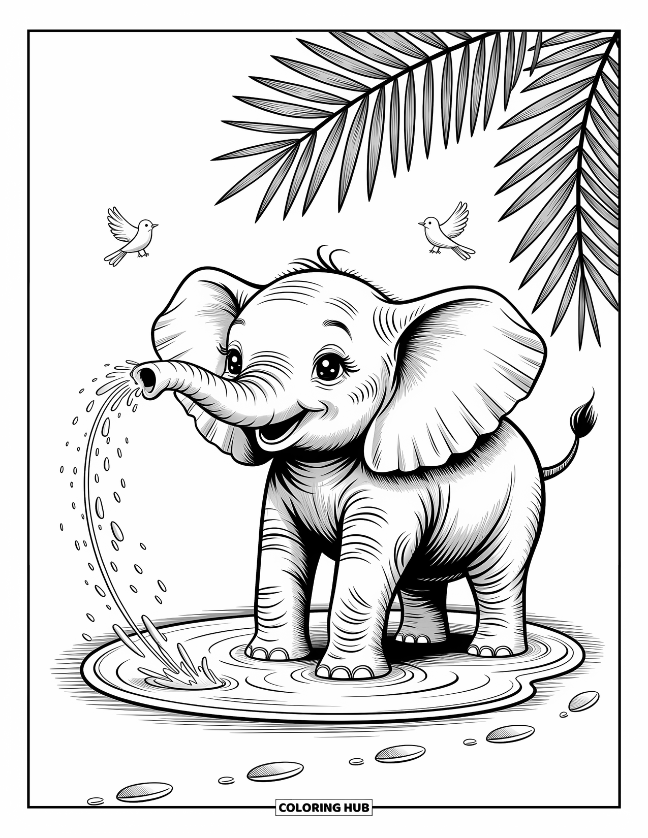 Safari Animal Coloring Page for Adults: A baby elephant joyfully sprays water with palm leaves and birds around