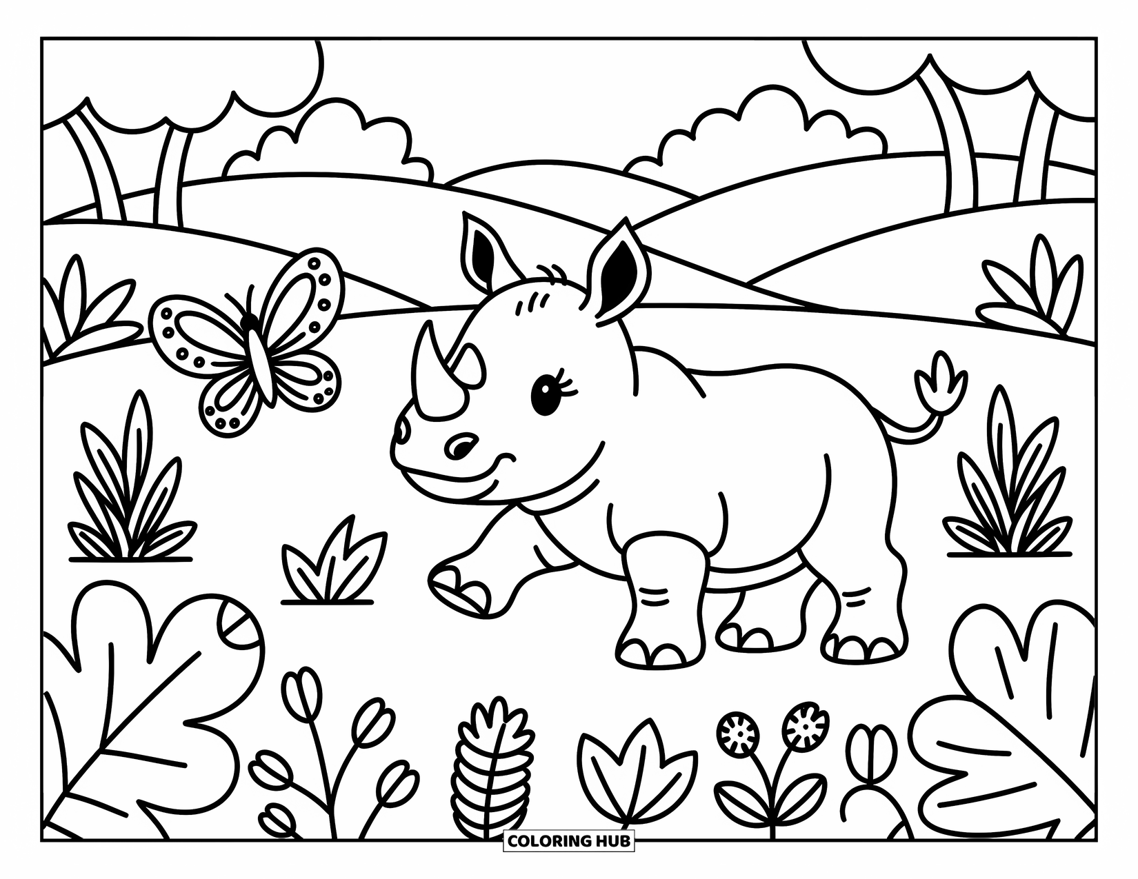 Safari Animal Coloring Page for Adults: A baby rhino stands in a clearing with a butterfly dancing before it