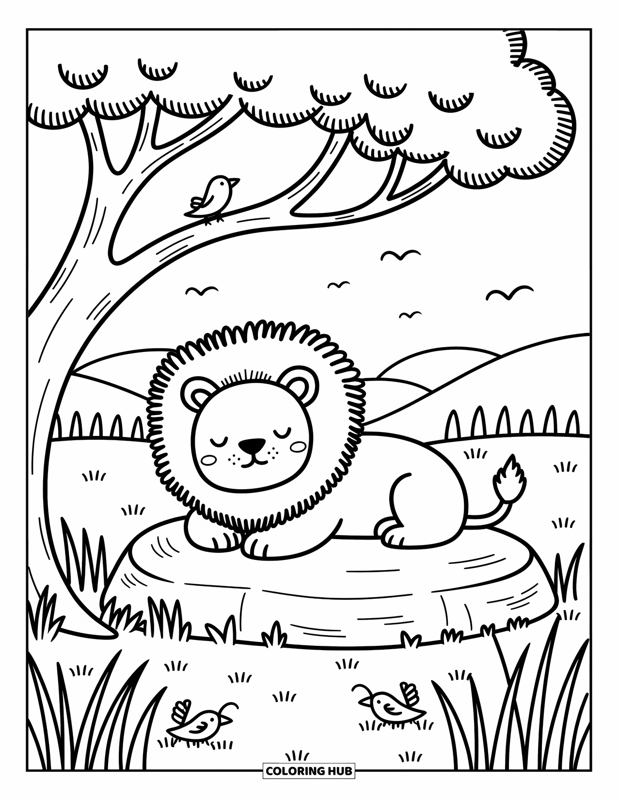 Safari Animal Coloring Page for Adults: A fluffy-maned lion rests on a rock under a tree with grasses swaying