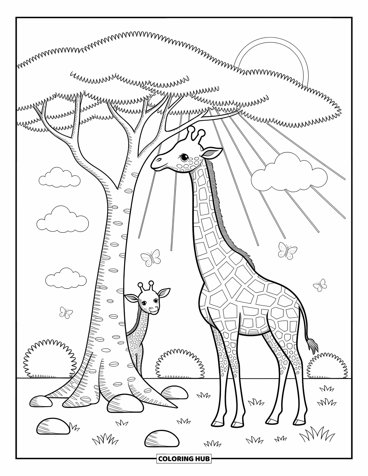 Safari Animal Coloring Page for Adults: A giraffe reaches for leaves while a baby giraffe peeks playfully from behind