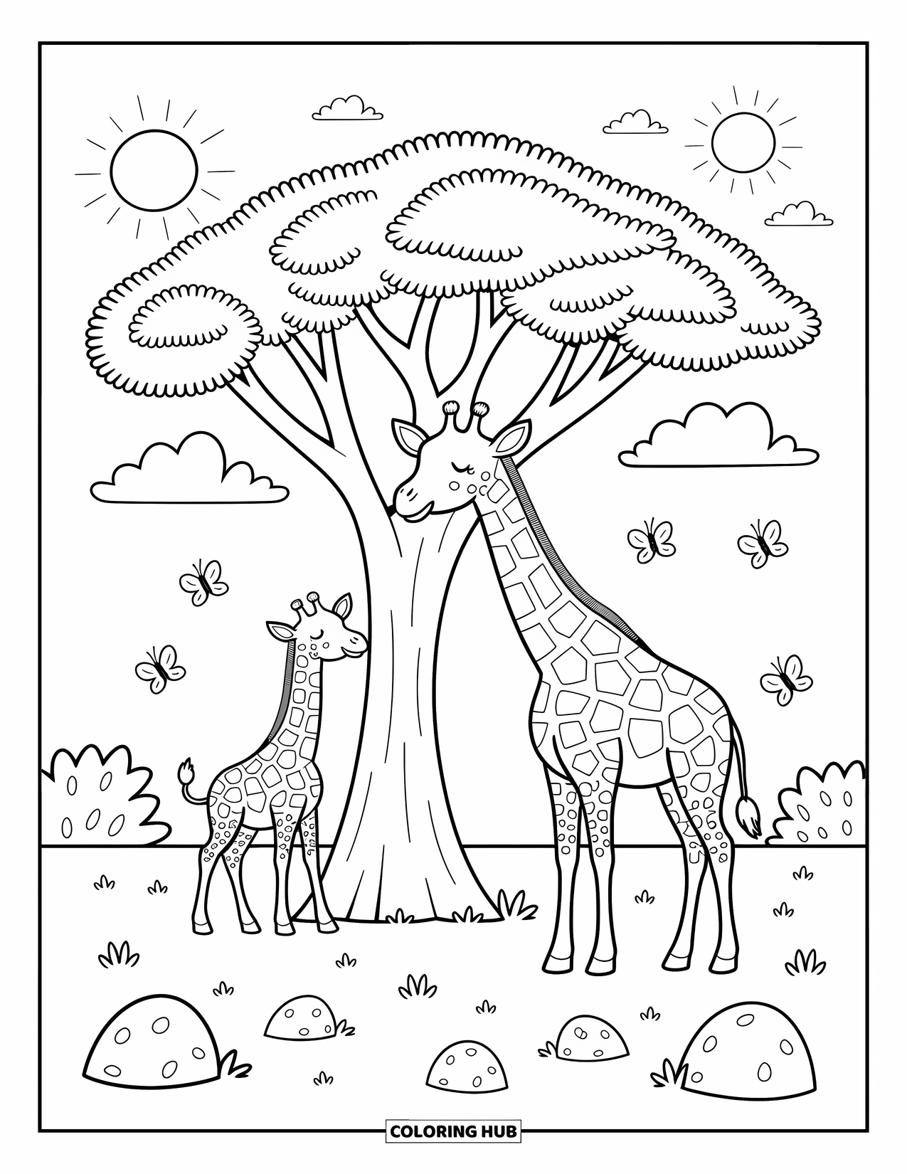 Safari Animal Coloring Page for Adults: A giraffe stands by an acacia tree as a baby giraffe peeks playfully behind