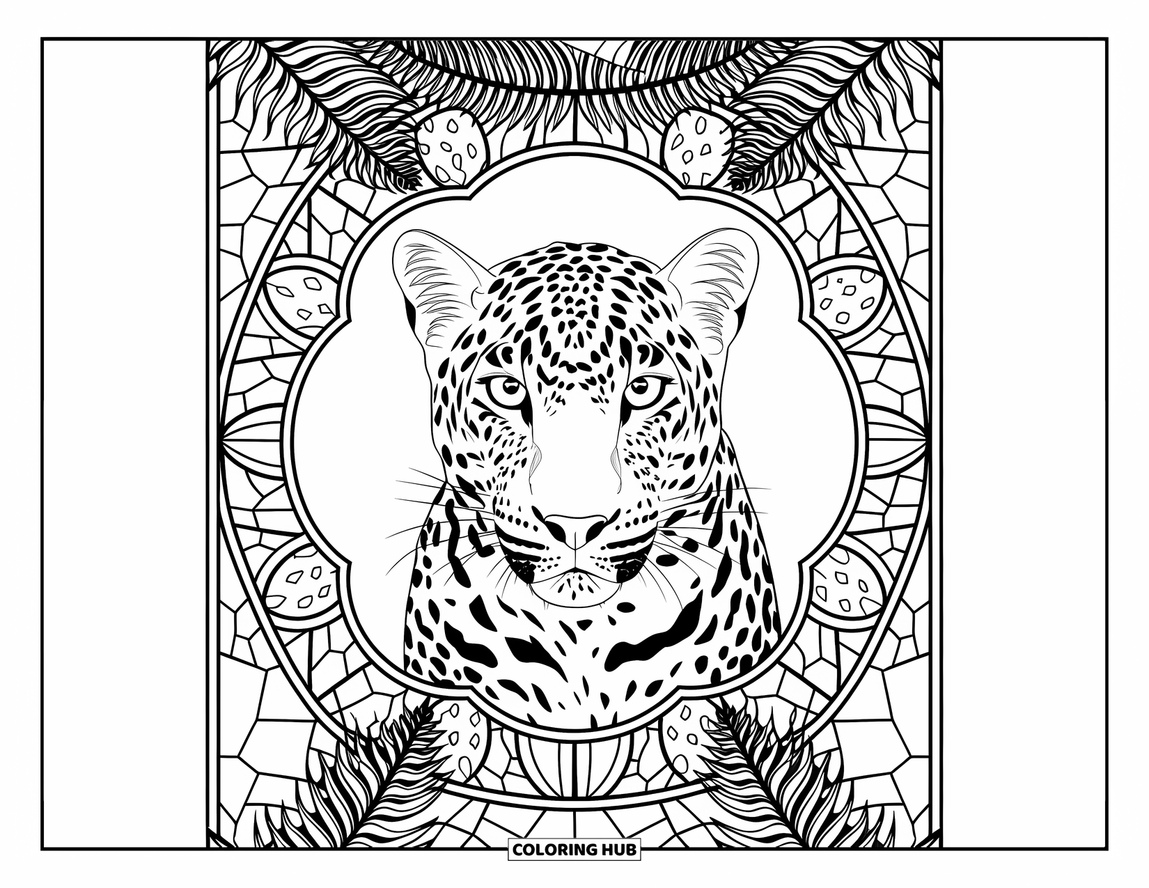 Safari Animal Coloring Page for Adults: A leopard's gaze centered in a detailed stained glass-style border