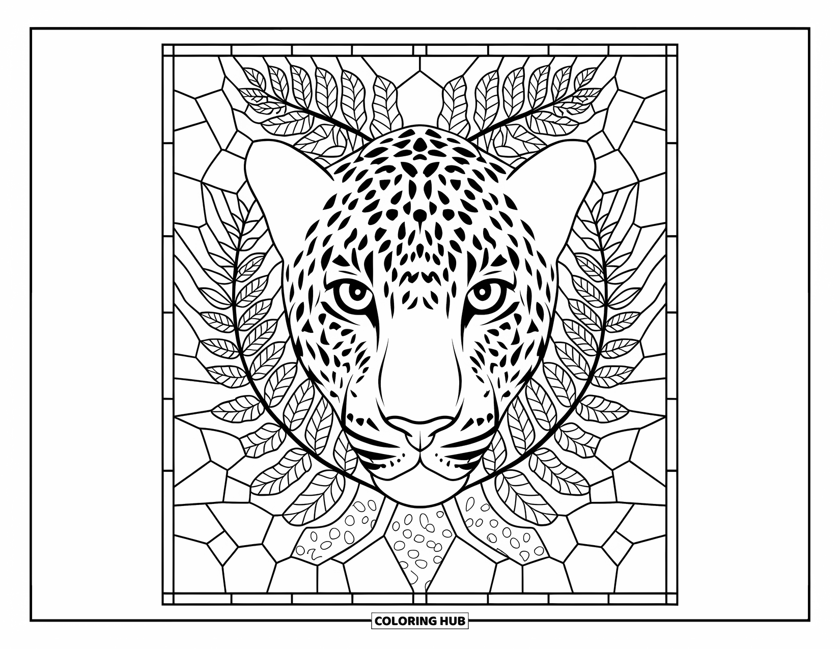 Safari Animal Coloring Page for Adults: A leopard's sharp eyes surrounded by fern fronds and cracked stone patterns