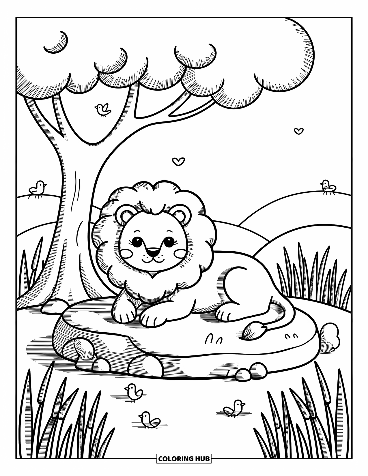 Safari Animal Coloring Page for Adults: A lion relaxes on a rock under a tree with grasses, bugs, and birds nearby