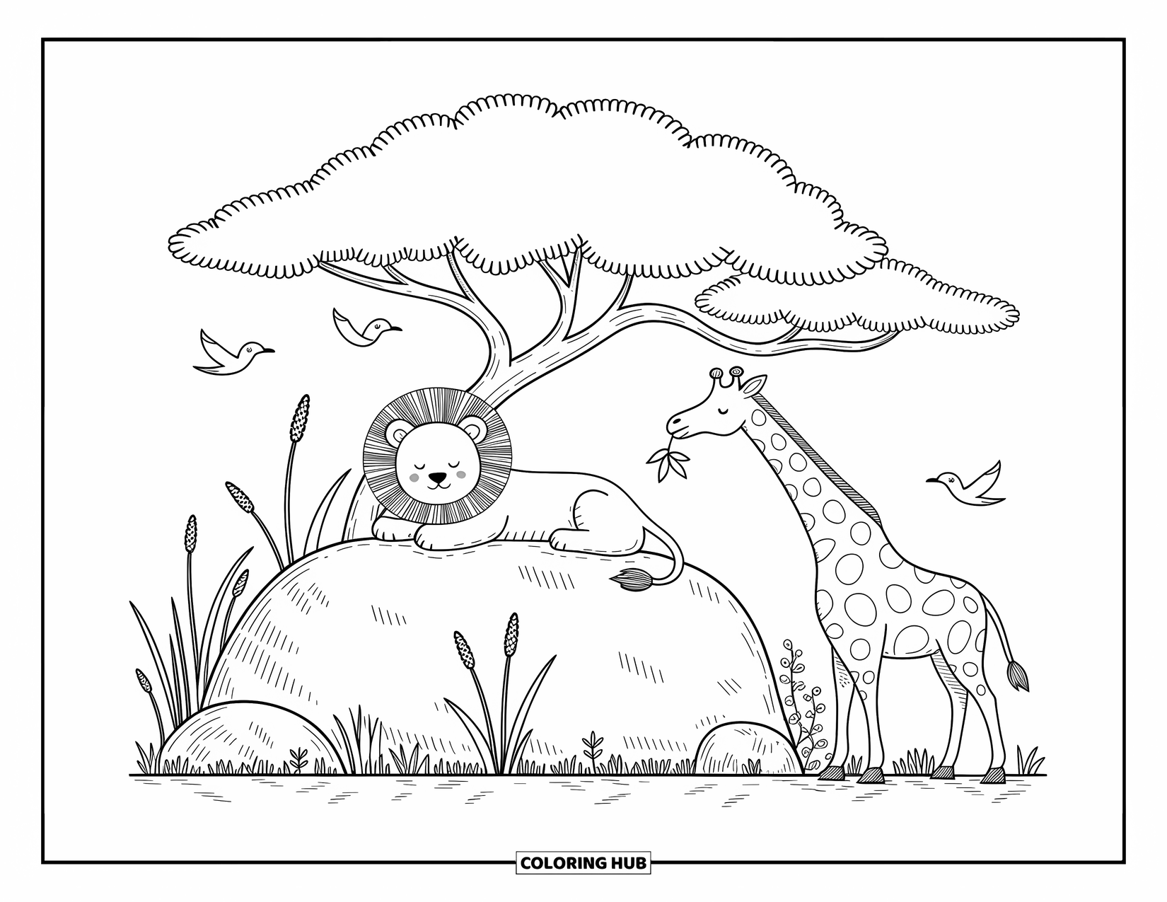 Safari Animal Coloring Page for Adults: A lion relaxes under a tree while a giraffe and zebra enjoy the savanna