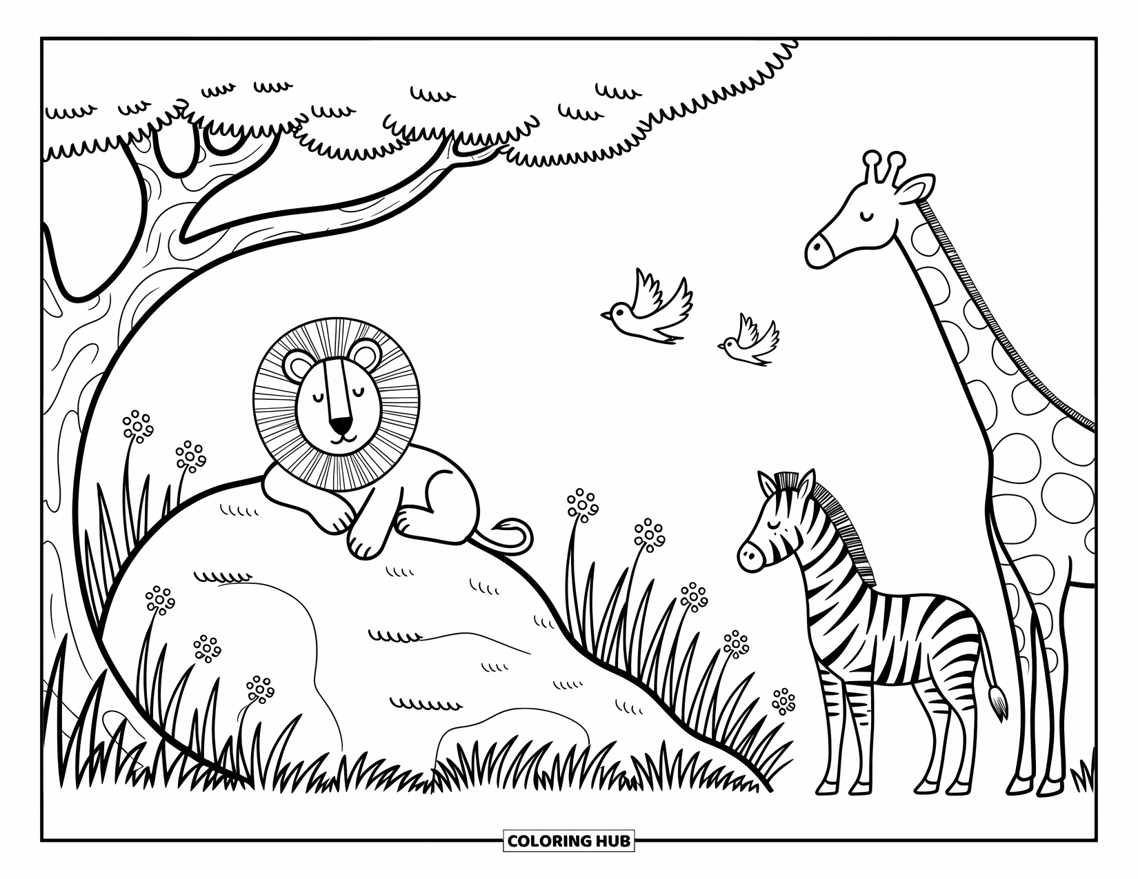 Safari Animal Coloring Page for Adults: A lion rests on a rock while a giraffe and zebra share the shade