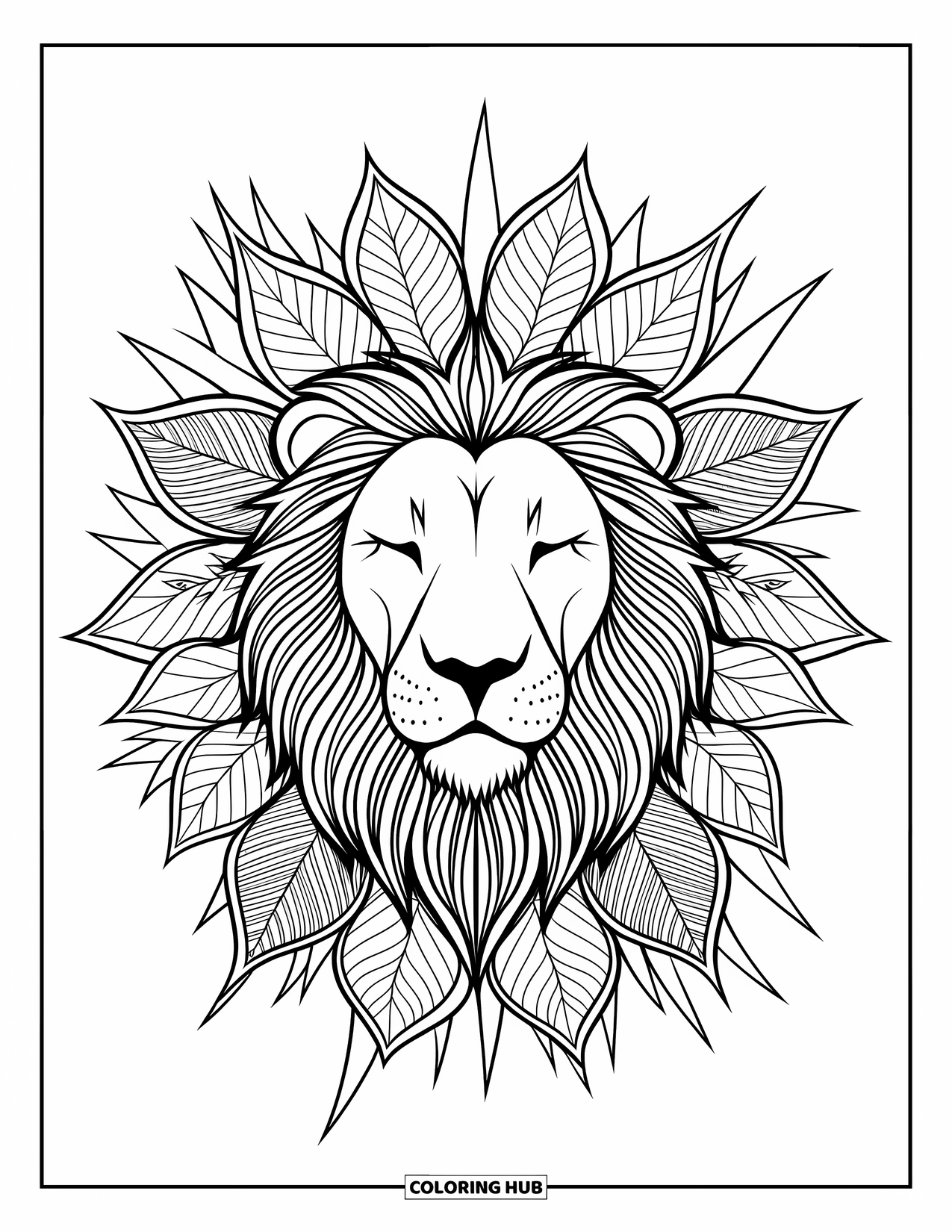 Safari Animal Coloring Page for Adults: A lion with a mane framed by a mandala of acacia leaves and thorny vines