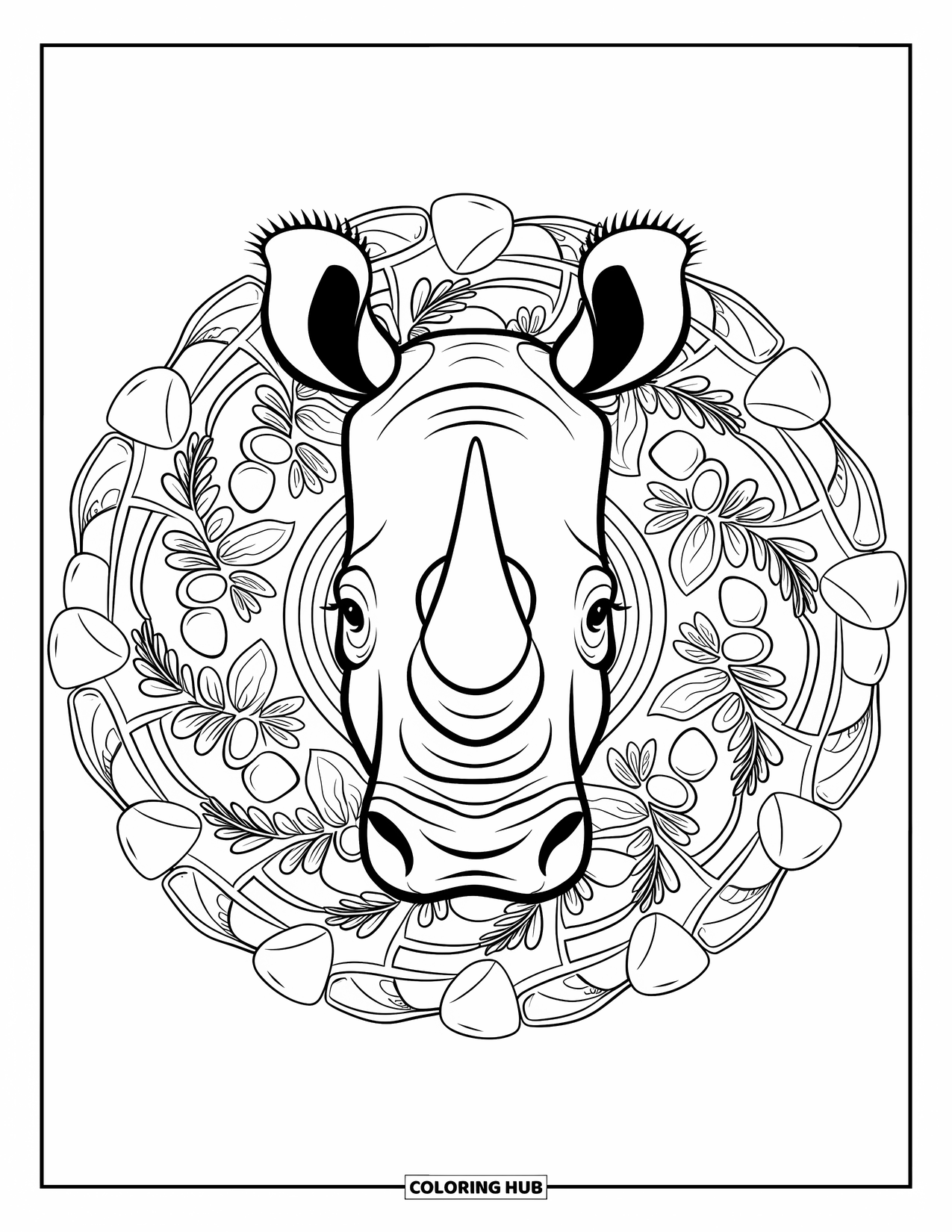 Safari Animal Coloring Page for Adults: A rhinoceros head framed by a symmetrical mandala of leaves, pebbles, and rocks