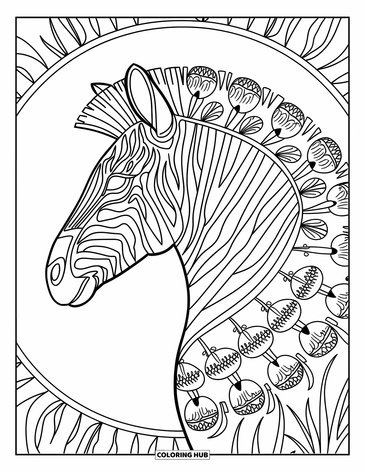 Safari Animal Coloring Page for Adults: A zebra profile with a circular mandala of grass and acacia pod designs