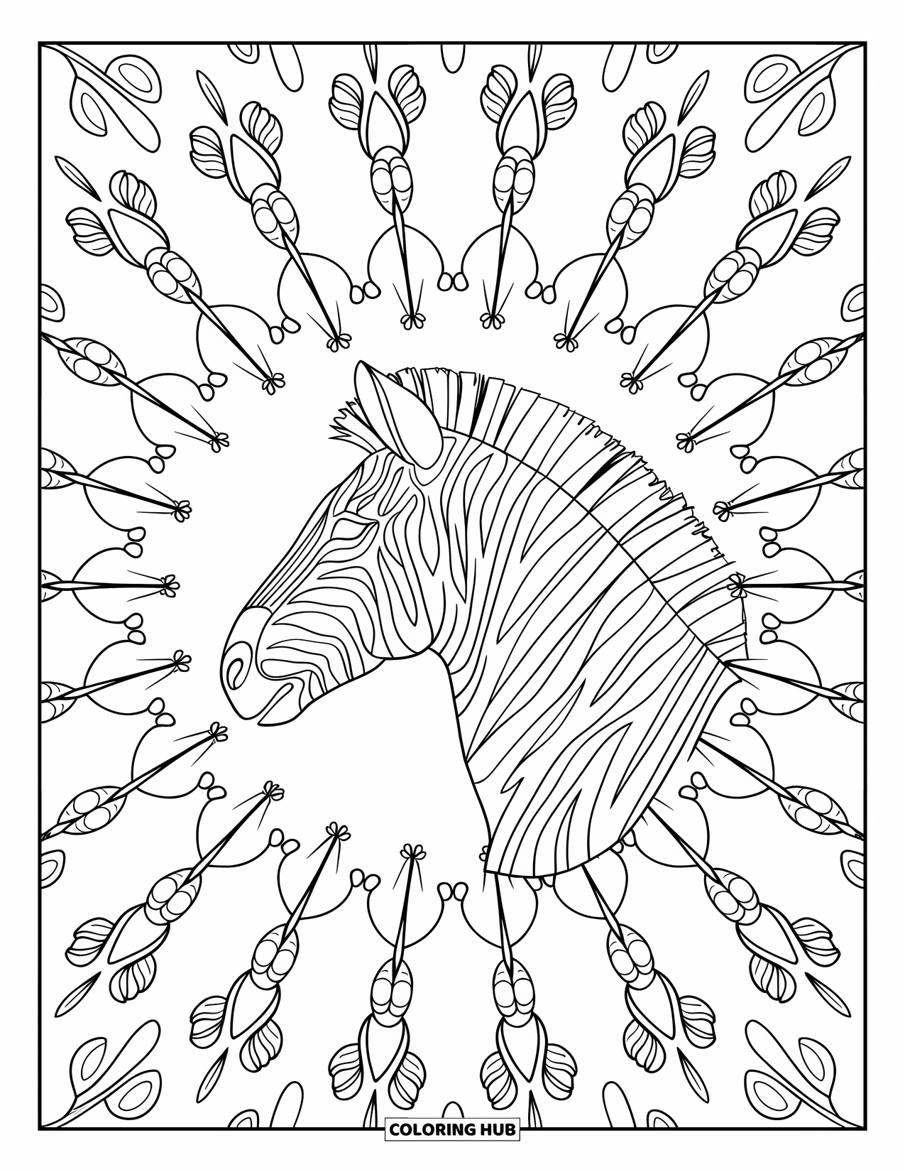 Safari Animal Coloring Page for Adults: A zebra's head surrounded by a radial mandala of savanna-inspired ornaments