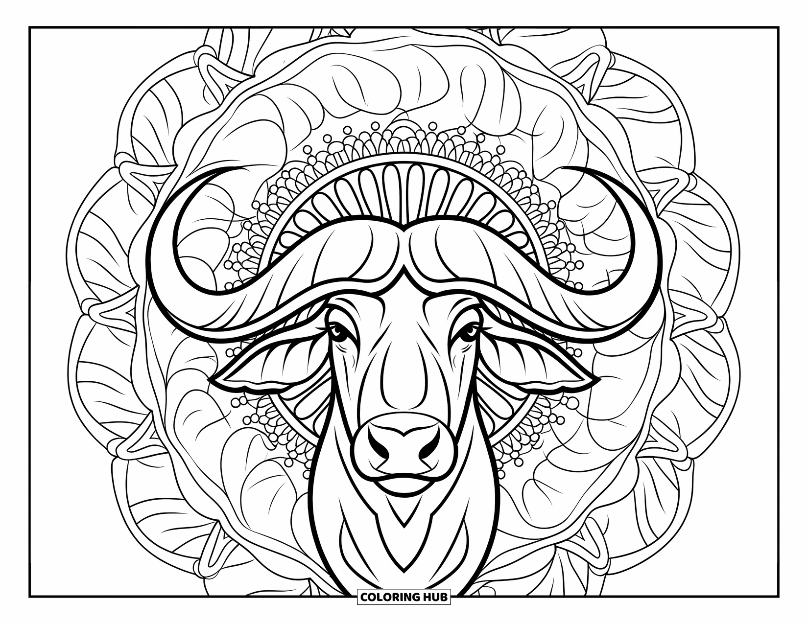 Safari Animal Coloring Page for Adults: An African buffalo face framed by horn-shaped patterns and floral mandala layers