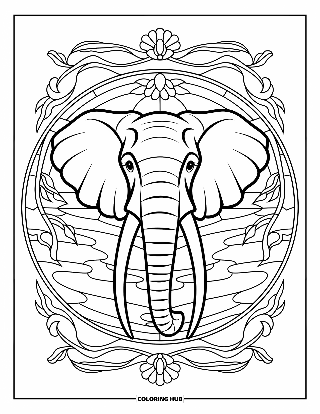 Safari Animal Coloring Page for Adults: An elephant head with long tusks in a circular stained glass-style frame