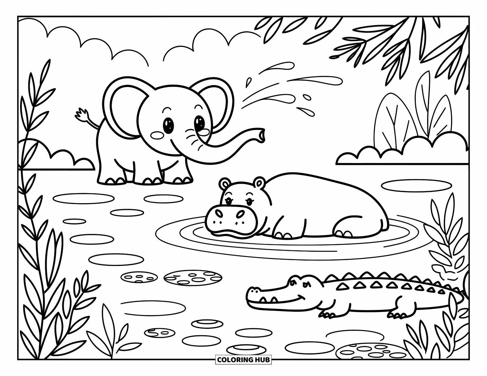 Safari Animal Coloring Page for Adults: An elephant sprays water as a hippo lounges and a crocodile rests by the bank