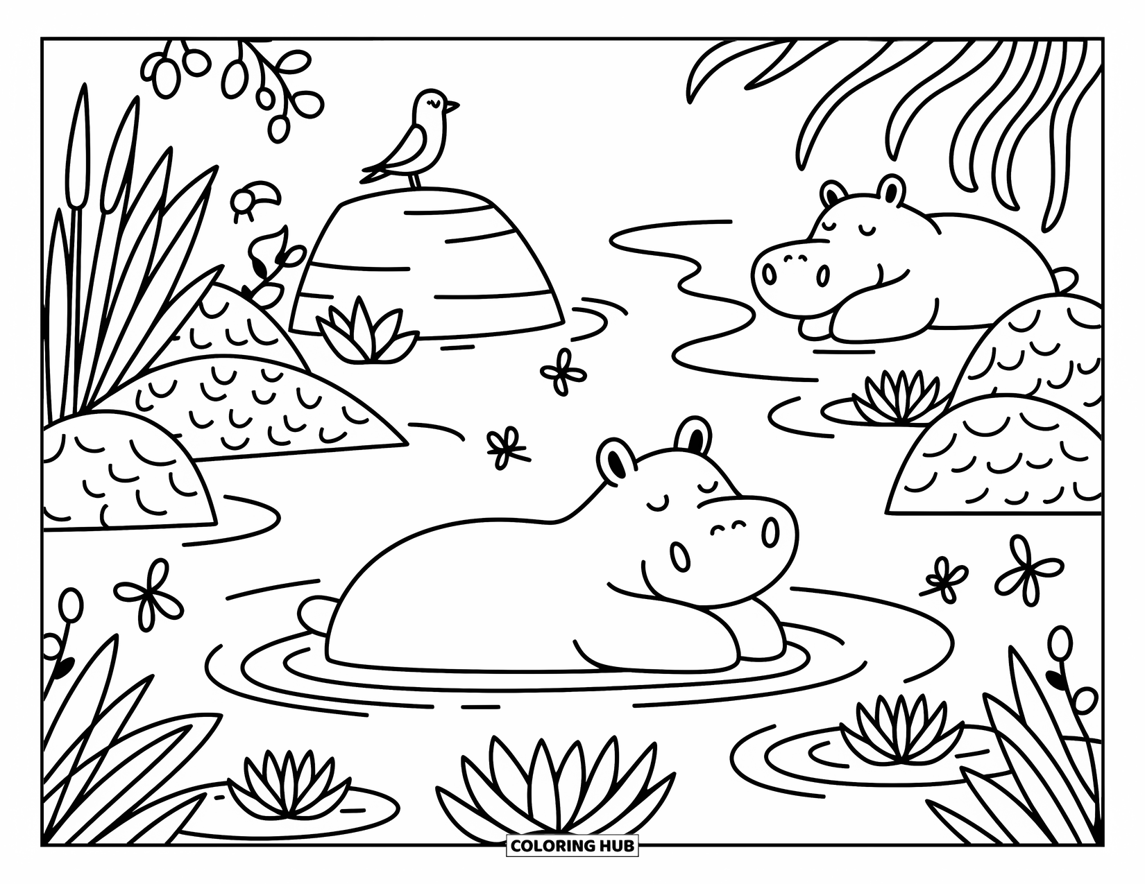 Safari Animal Coloring Page for Adults: Two hippos relax in a river with lily pads, dragonflies, and a bird nearby