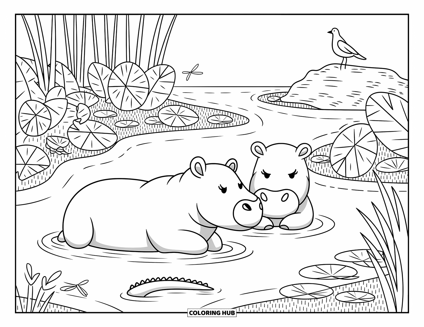 Safari Animal Coloring Page for Adults: Two hippos rest in a shallow river with plants, dragonflies, and a crocodile tail