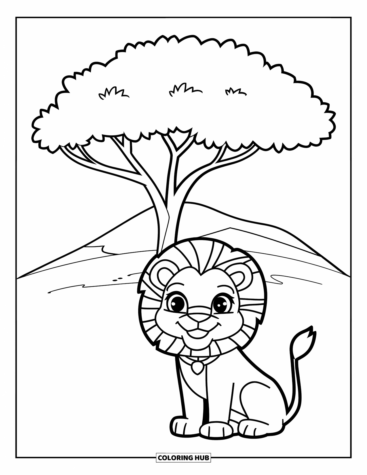 Safari Animal Coloring Page for Kids: A cheerful lion sitting near a tree on a grassy hill