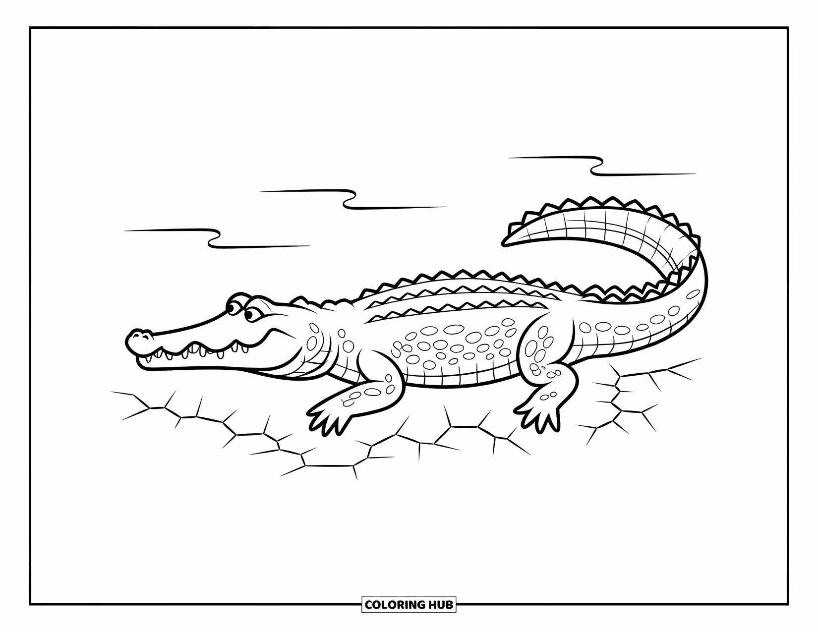 Safari Animal Coloring Page for Kids: A crocodile basking in the sun with its tail curled on cracked ground