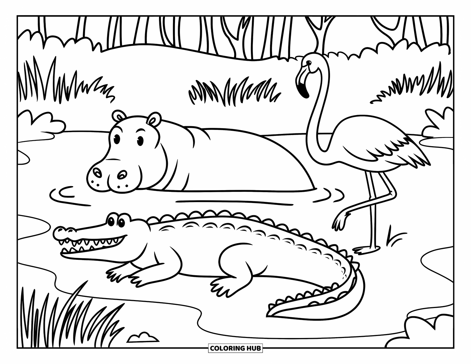 Safari Animal Coloring Page for Kids: A crocodile, hippo, and flamingo gathered near a muddy pond with trees and grass
