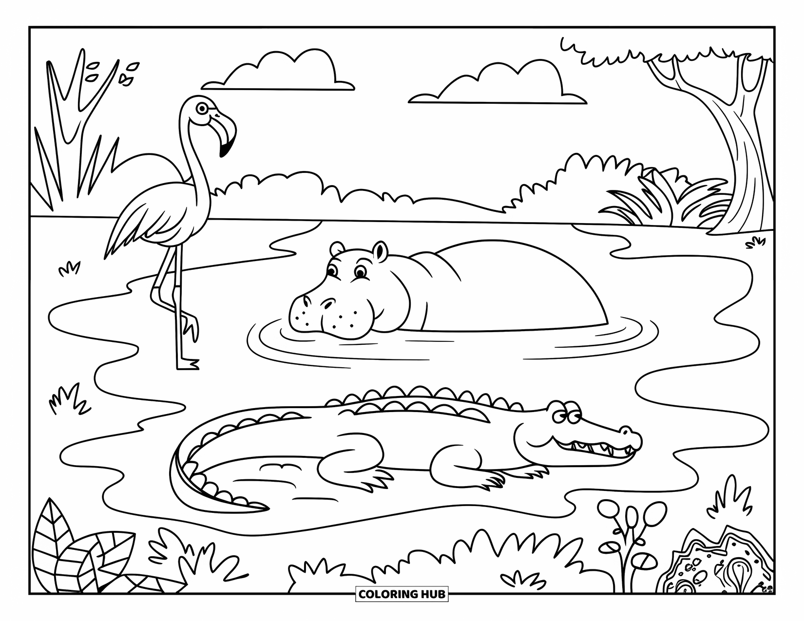 Safari Animal Coloring Page for Kids: A crocodile, hippo, and flamingo resting by a pond with trees and clouds