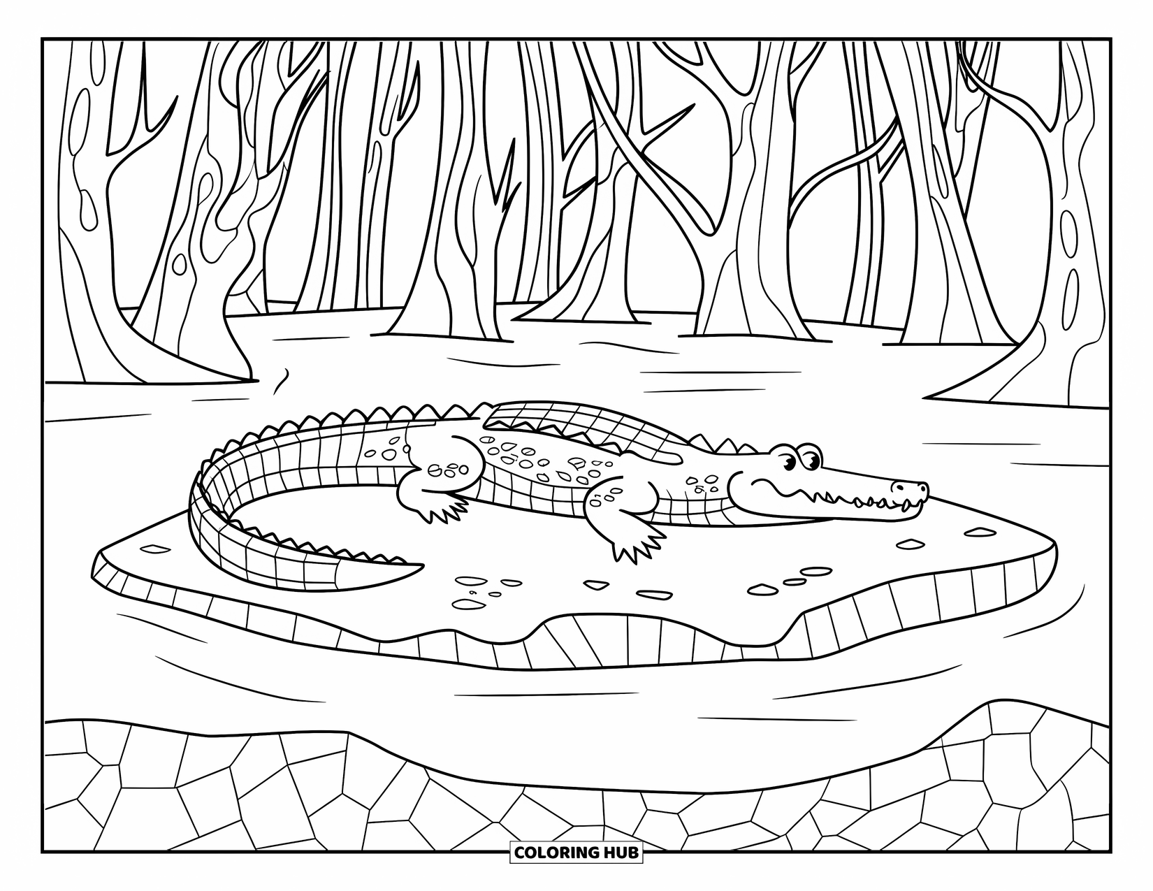 Safari Animal Coloring Page for Kids: A crocodile resting on cracked ground on a small island with bare trees