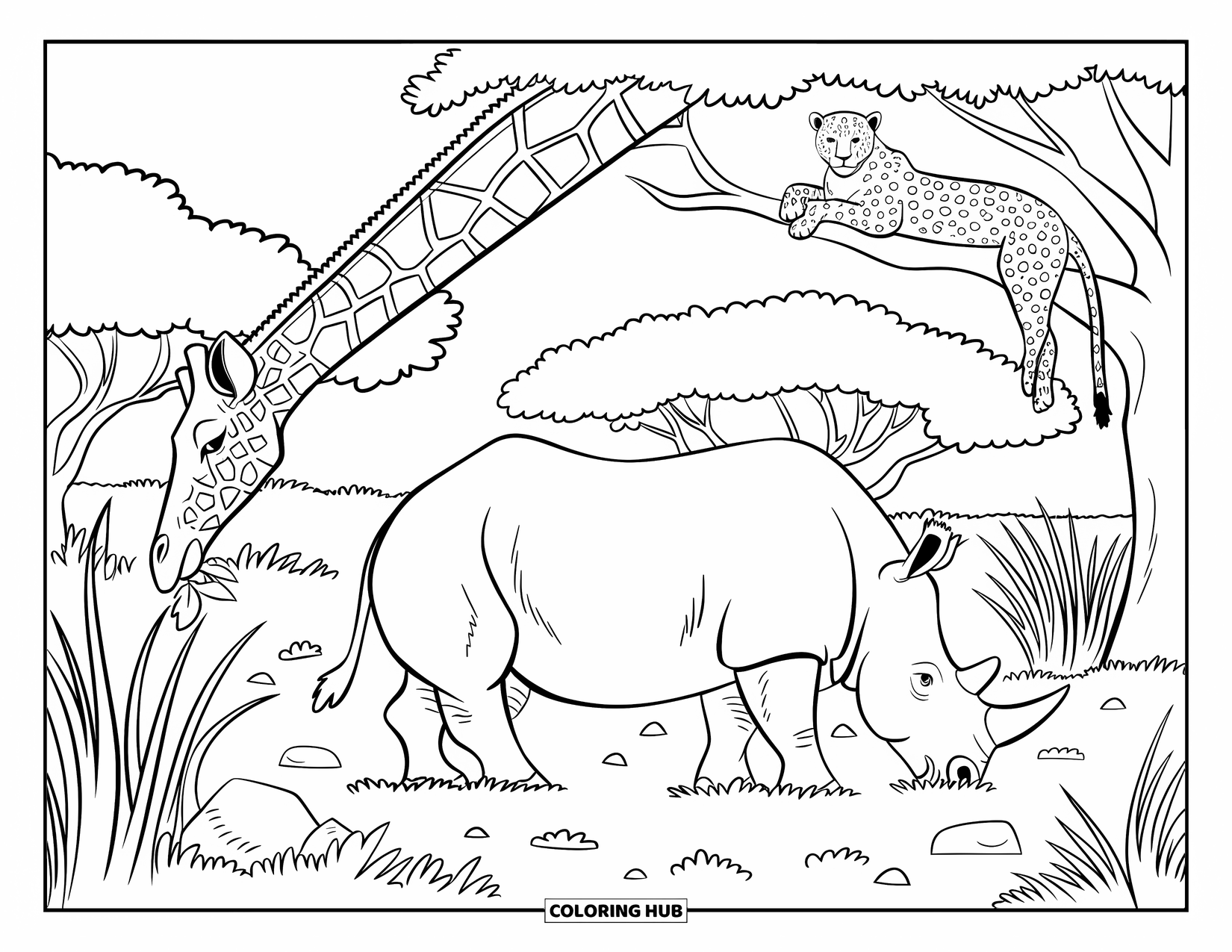 Safari Animal Coloring Page for Kids: A giraffe eating leaves, a leopard on a branch, and a rhino grazing nearby