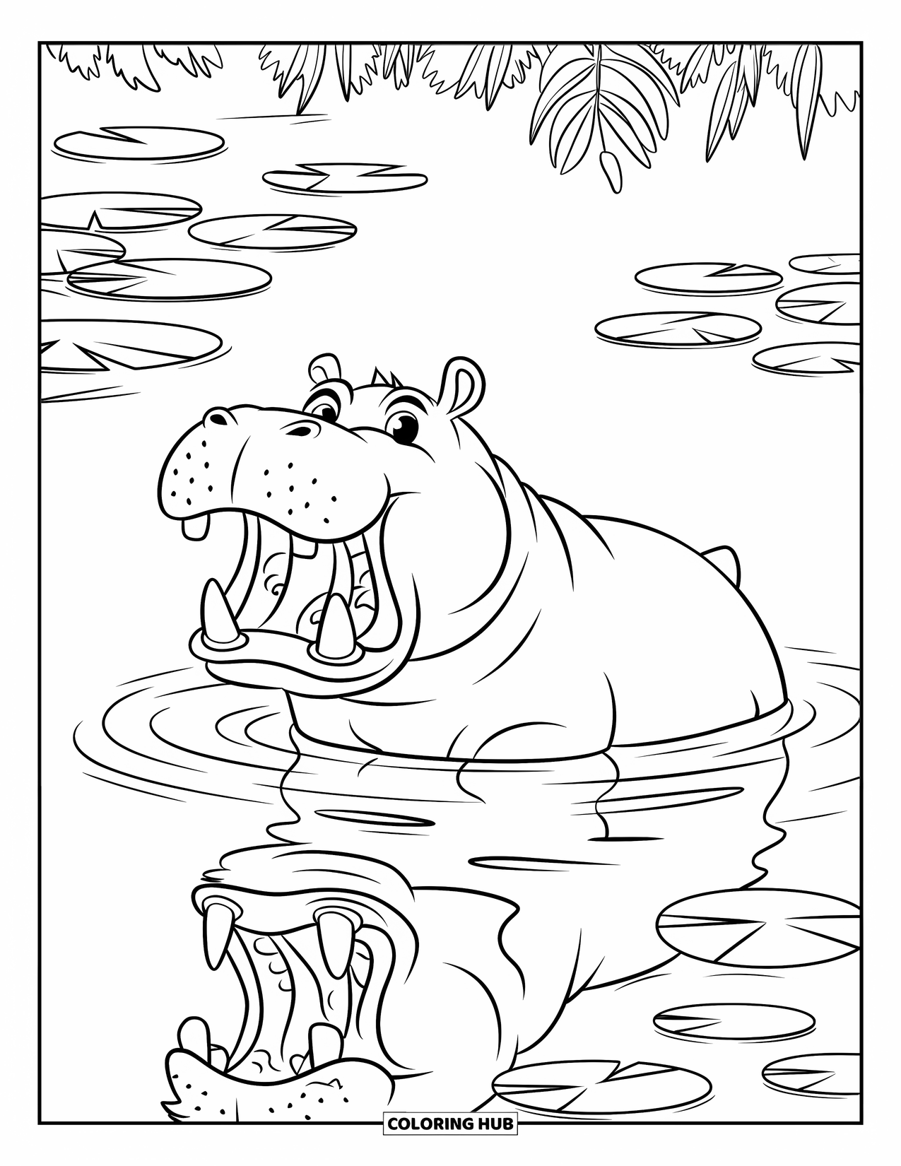 Safari Animal Coloring Page for Kids: A hippo emerging from water with ripples and lily pads around
