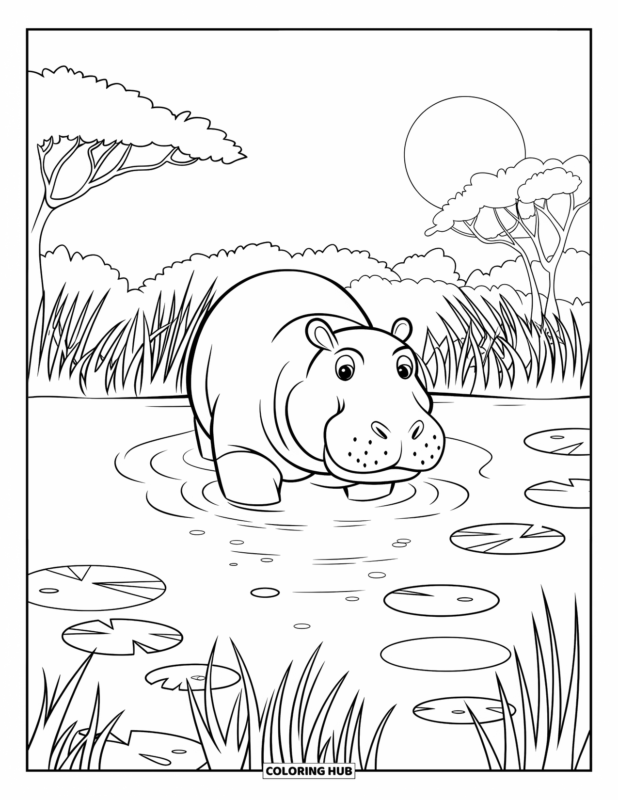 Safari Animal Coloring Page for Kids: A hippo rising from the water surrounded by grasses and a setting sun