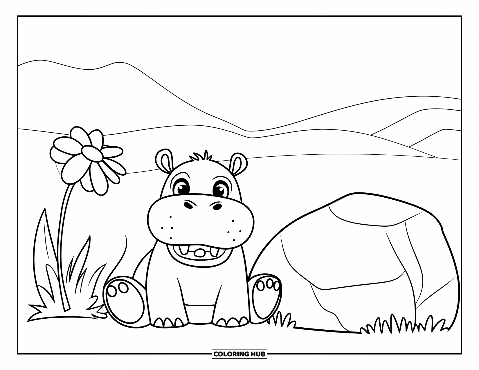 Safari Animal Coloring Page for Kids: A hippo smiling while sitting near a rock and flower in the hills