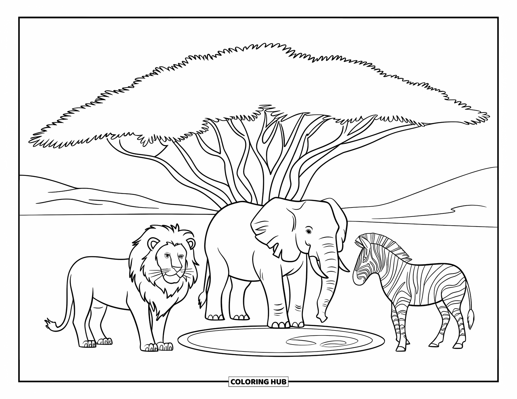 Safari Animal Coloring Page for Kids: A lion, elephant, and zebra resting near an acacia tree with distant hills