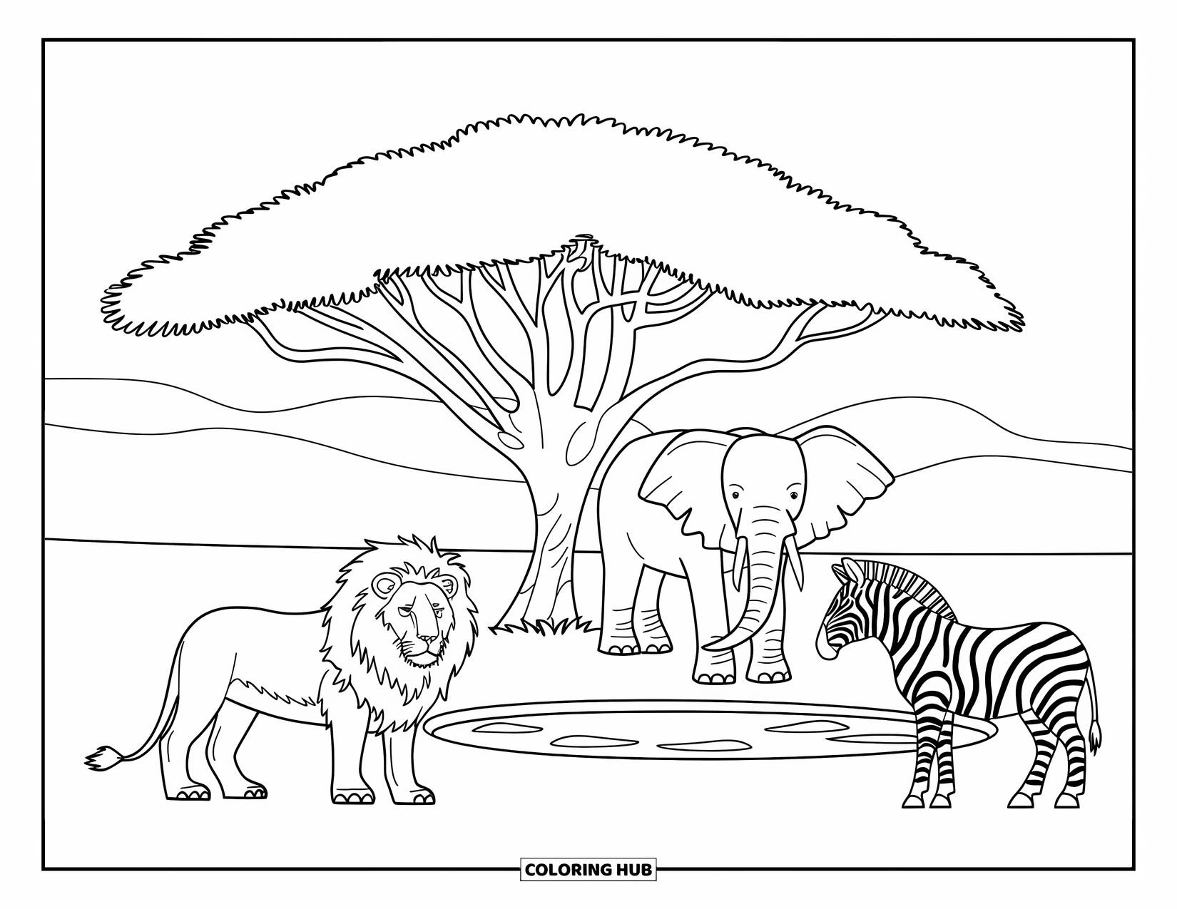 Safari Animal Coloring Page for Kids: A lion, elephant, and zebra together near a watering hole under a tree