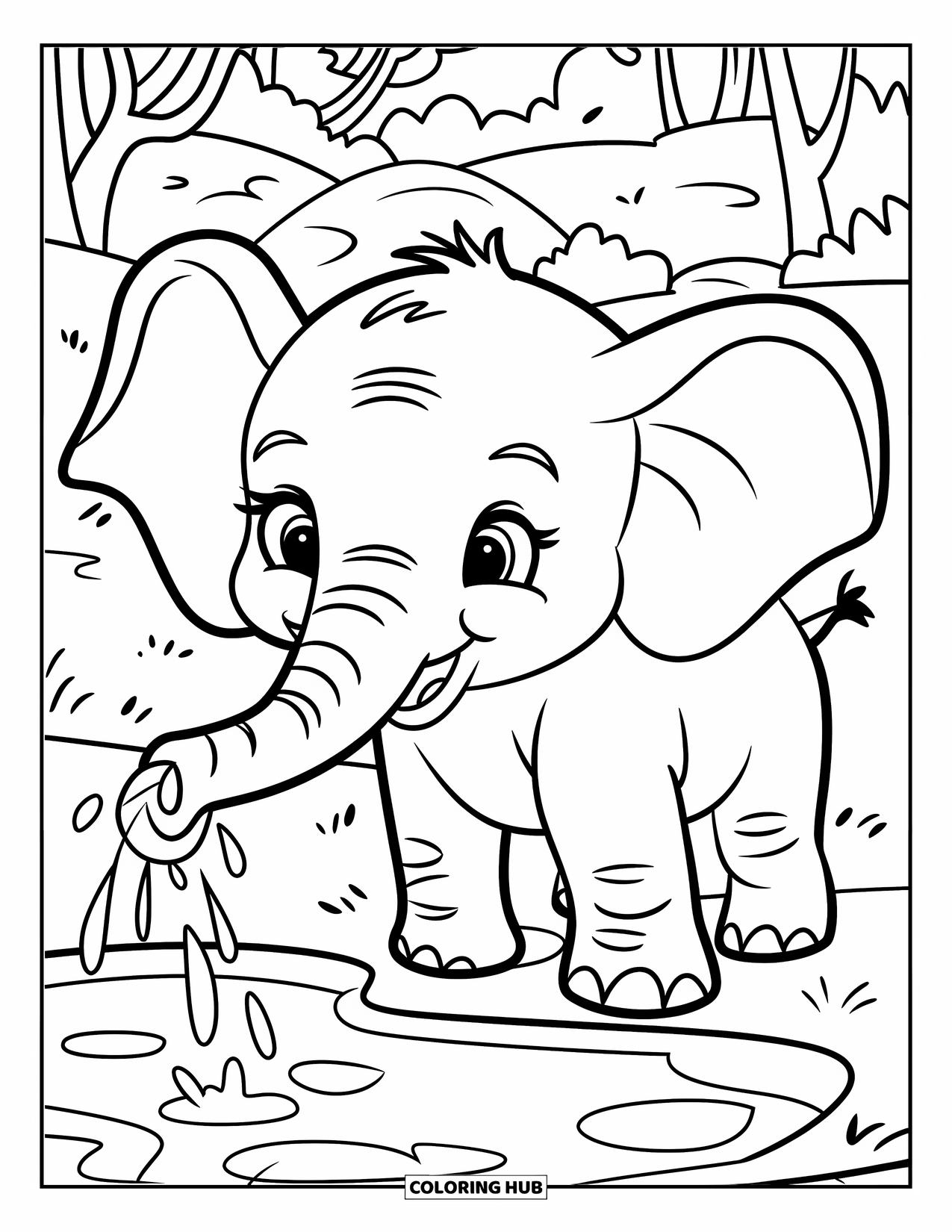 Safari Animal Coloring Page for Kids: A playful baby elephant spraying water by a pond and trees